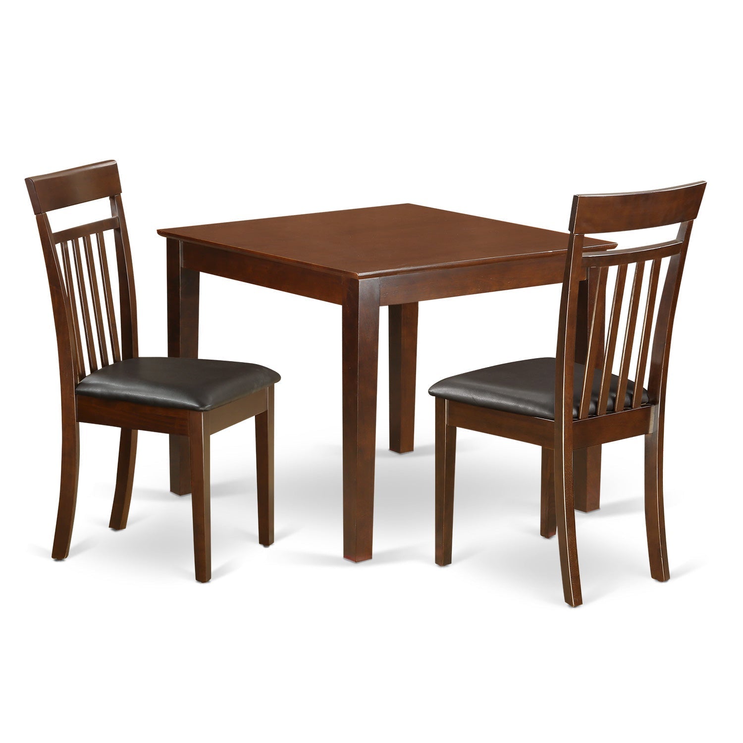 Juego de comedor de 3 piezas East West Furniture OXCA3-MAH-LC para espacios pequeños. Contiene una mesa de comedor cuadrada y dos sillas de comedor de cuero sintético.