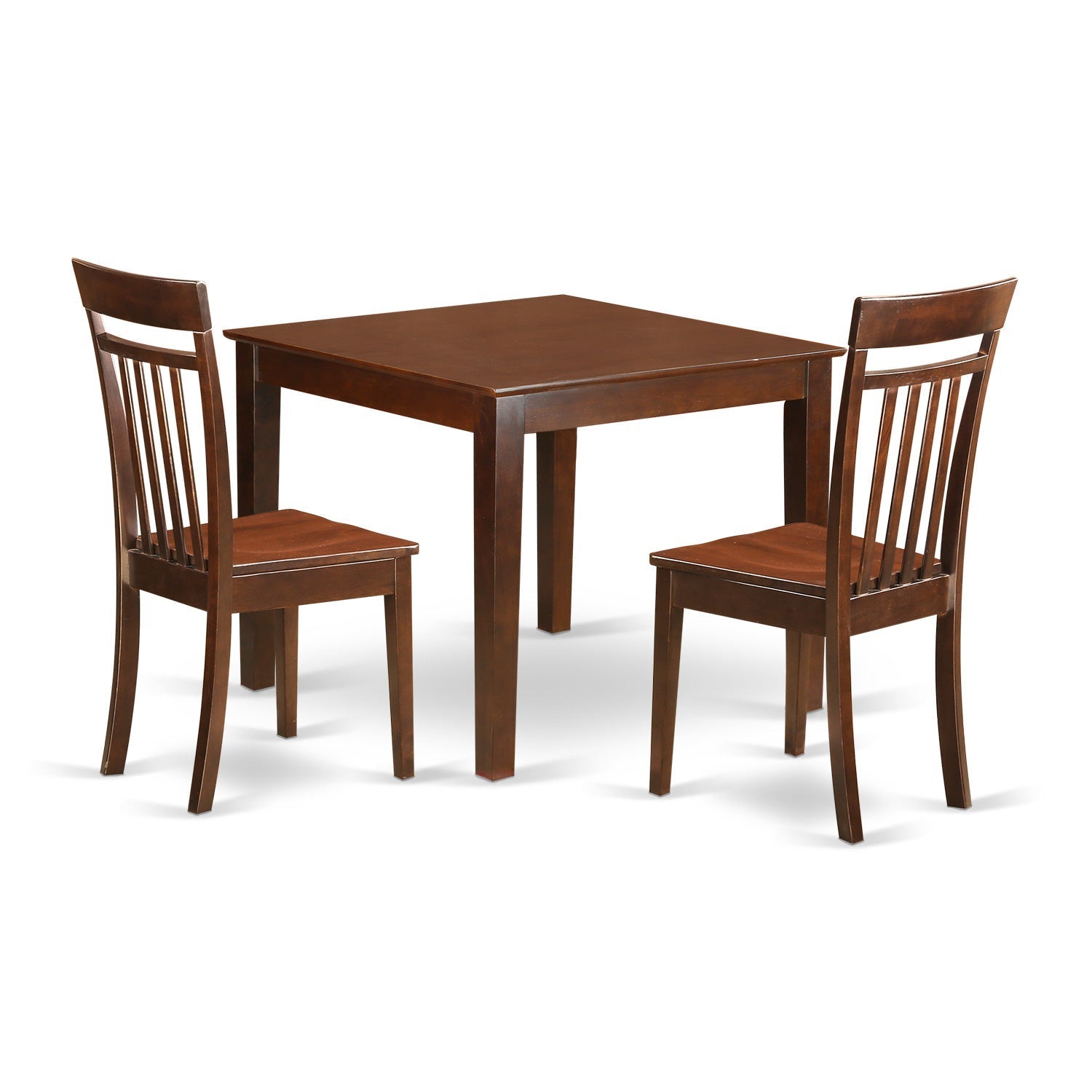 Juego de mesa de cocina de 3 piezas East West Furniture OXCA3-MAH-W para espacios pequeños. Contiene una mesa de comedor cuadrada y dos sillas con asiento de madera maciza.