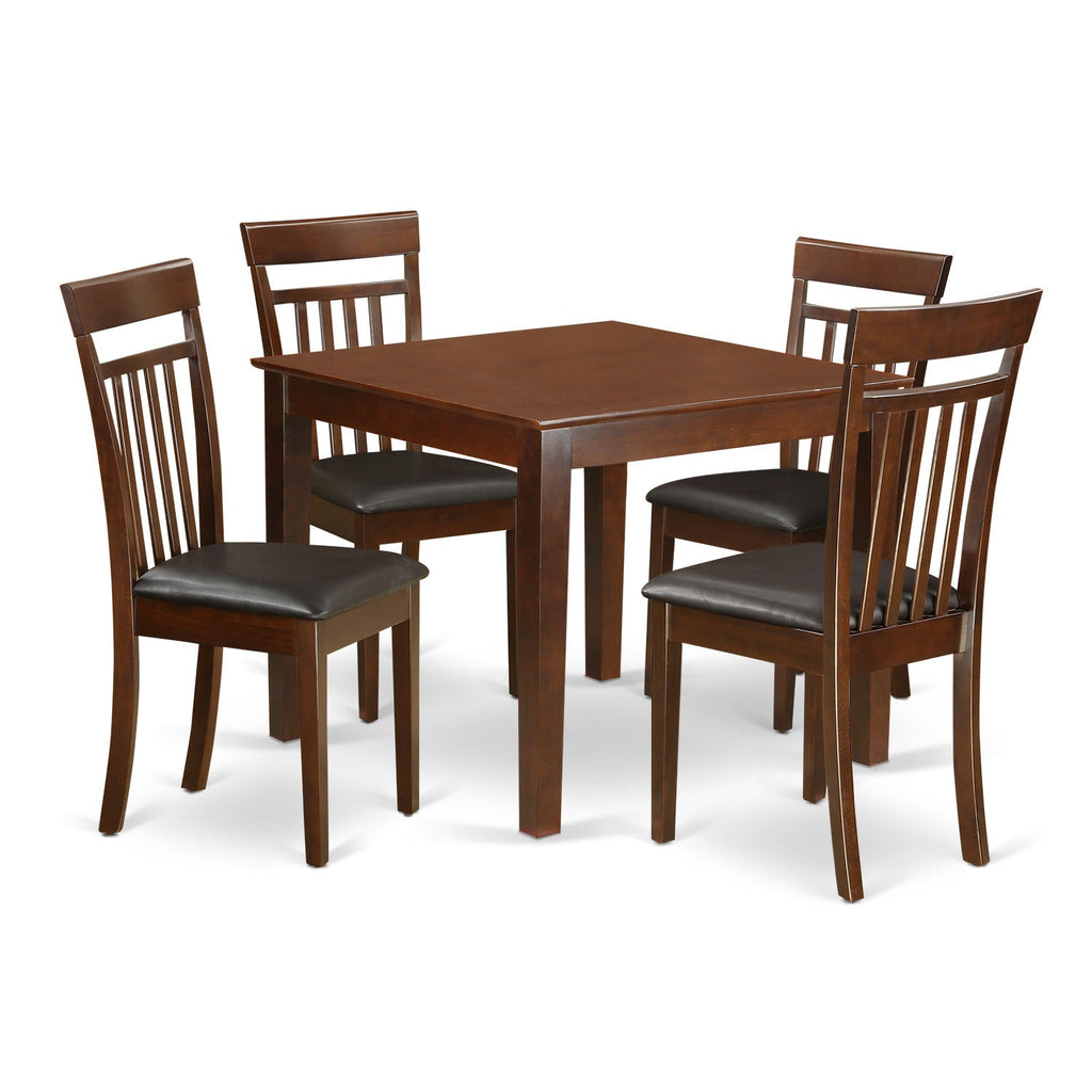 El juego de mesa de comedor de 5 piezas East West Furniture OXCA5-MAH-LC incluye una mesa cuadrada de madera y 4 sillas de comedor de cocina de cuero sintético.