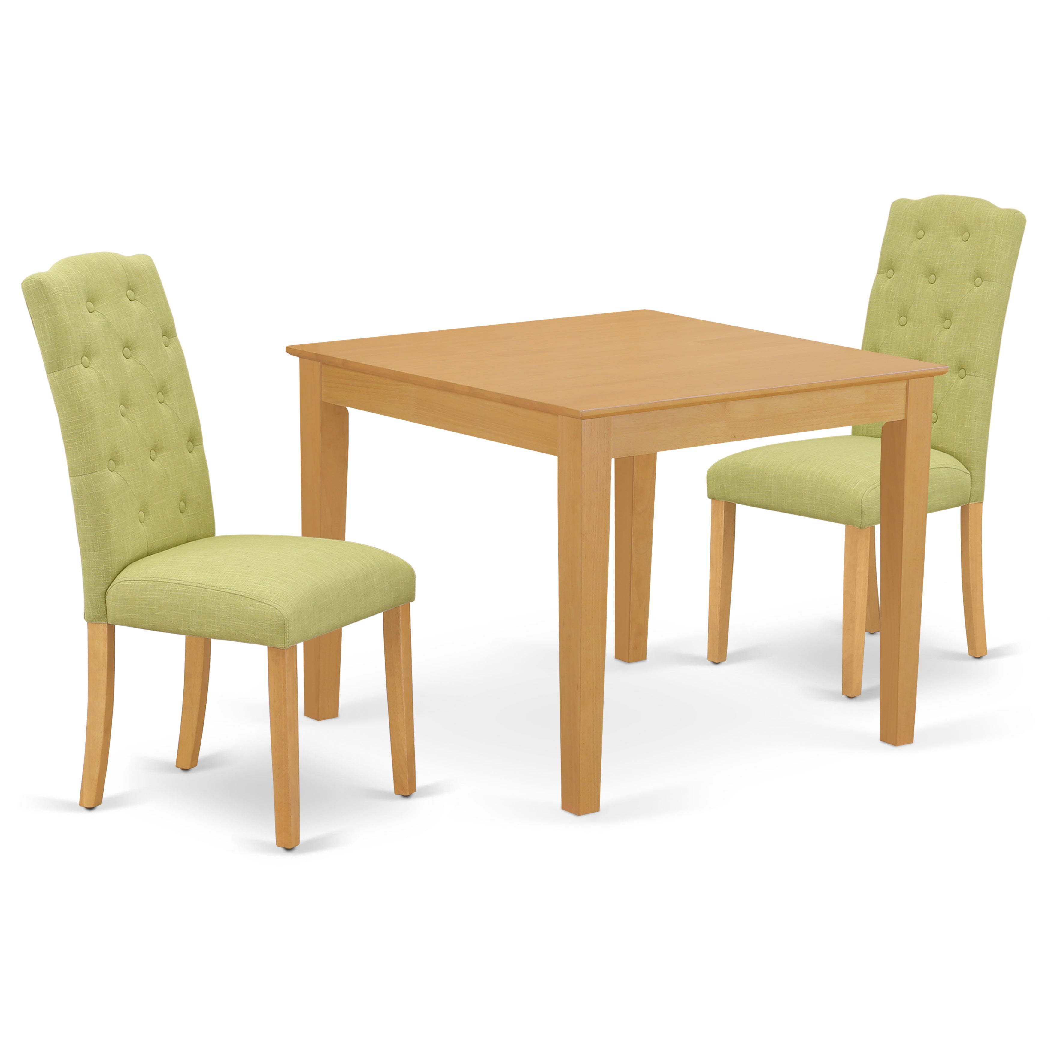OXCE3-OAK-07 3Pc Dinette Set Includes a Square Kitchen Table and Two Parson Chairs with Lime Green Fabric, Oak Finish