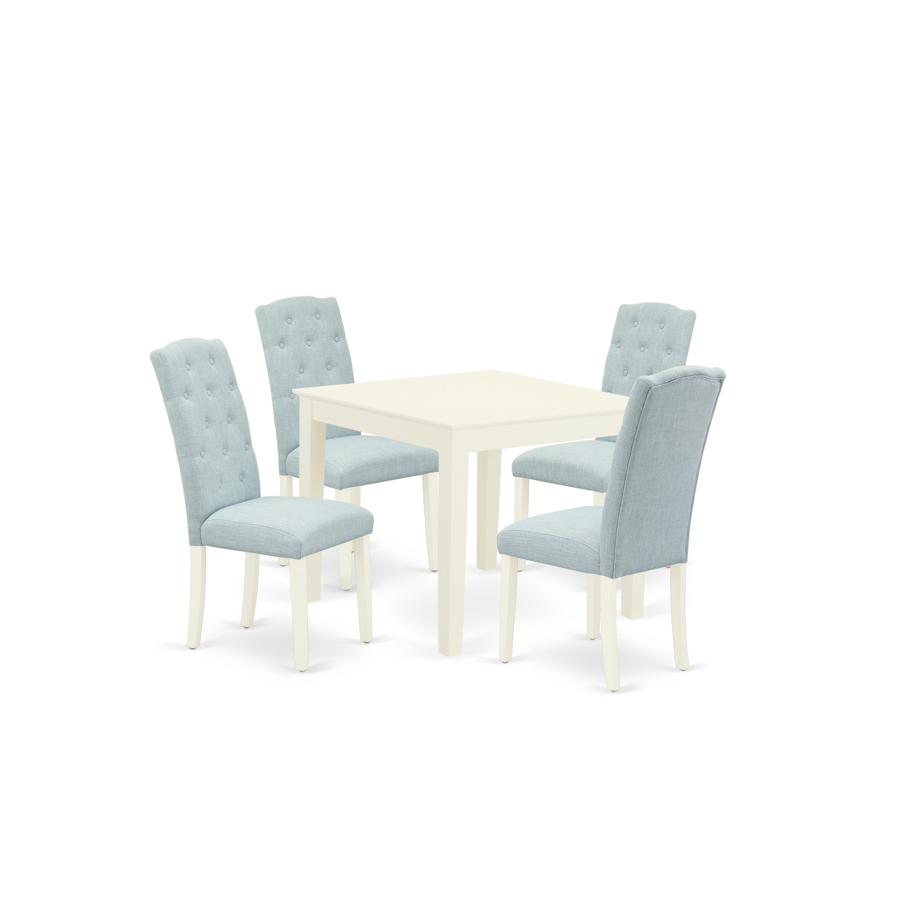 OXCE5-LWH-15 5Pc Dining Set Includes a Square Dinette Table and Four Parson Chairs with Baby Blue Fabric, Linen White Finish