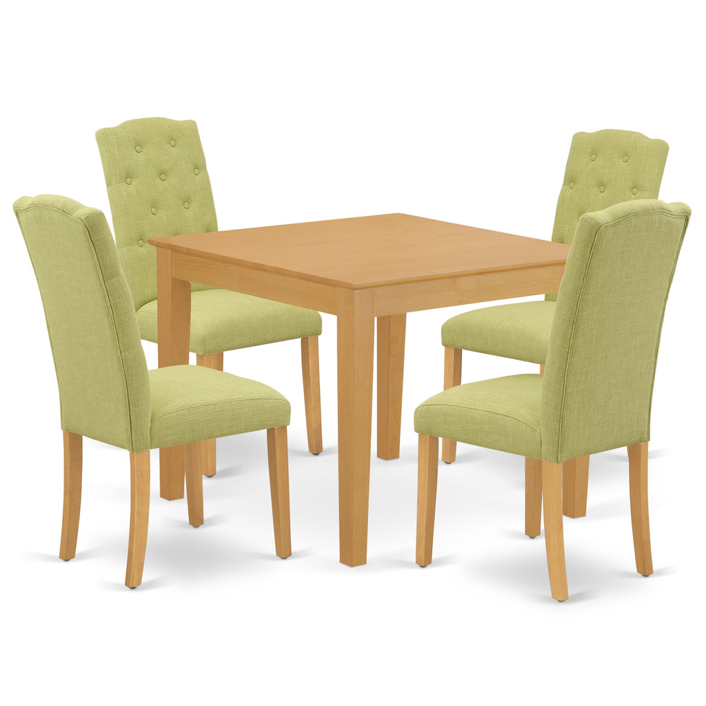 El juego de mesa de comedor de 5 piezas OXCE5-OAK-07 de East West Furniture incluye una mesa de cocina cuadrada y 4 sillas de comedor Parson de tela de lino Limelight.