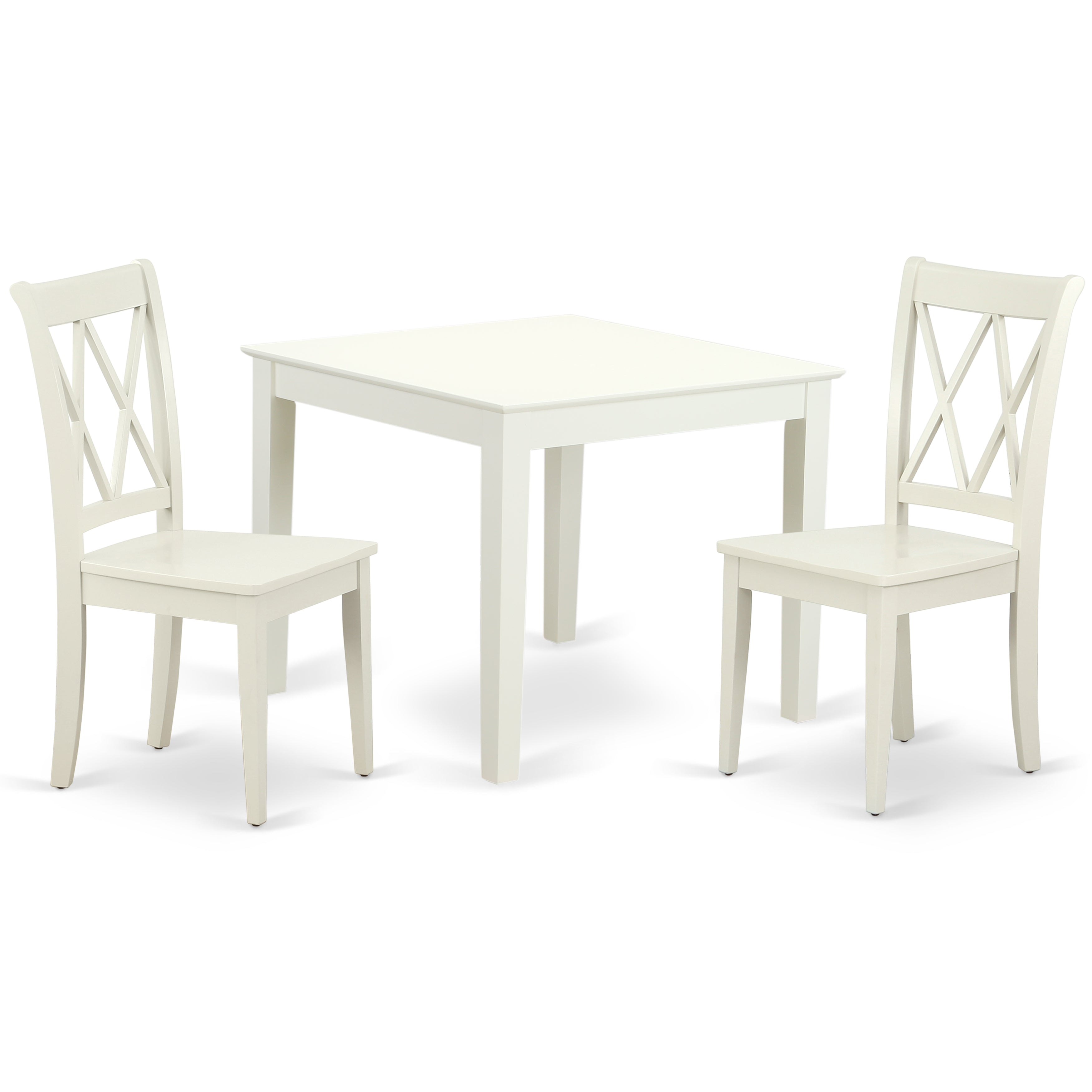 Juego de mesa de cocina de 3 piezas East West Furniture OXCL3-LWH-W para espacios pequeños. Contiene una mesa de comedor cuadrada y 2 sillas de comedor.