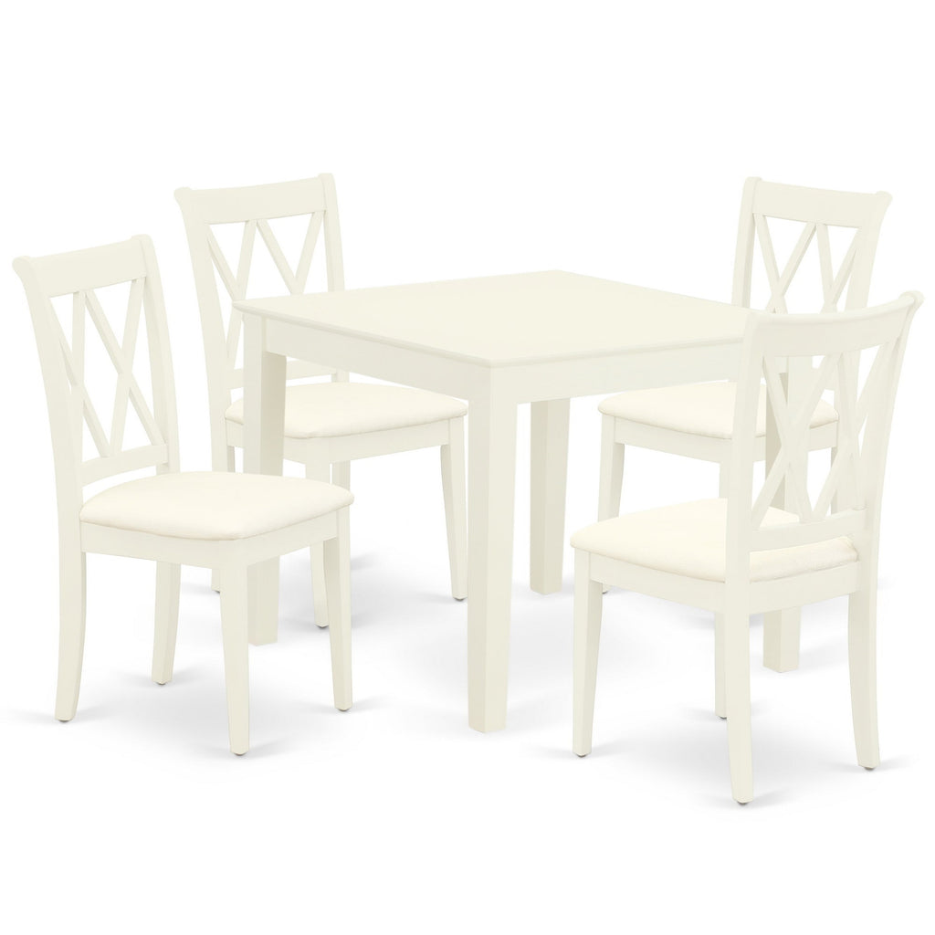 Juego de comedor de 5 piezas East West Furniture OXCL5-LWH-C. Incluye una mesa de cocina cuadrada y 4 sillas de comedor tapizadas en tela de lino.