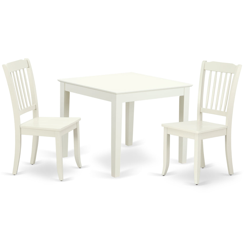 East West Furniture OXDA3-LWH-W 3 Piece Dining Room Table Set  Contains a Square Wooden Table and 2 Kitchen Dining Chairs, 36x36 Inch, Linen White