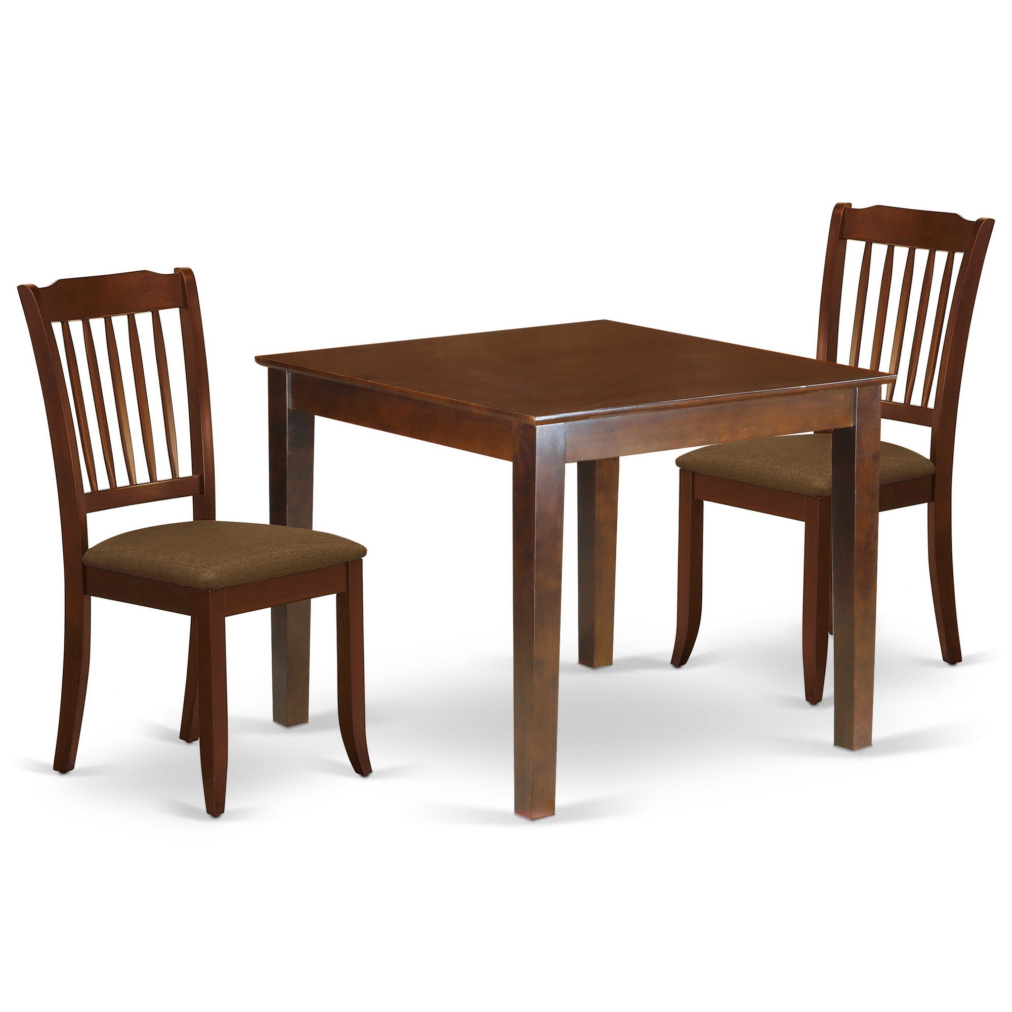 OXDA3-MAH-C 3Pc Dinette Set Includes a Square Kitchen Table and Two Vertical Slatted Linen seat Dining Chairs, Mahogany Finish