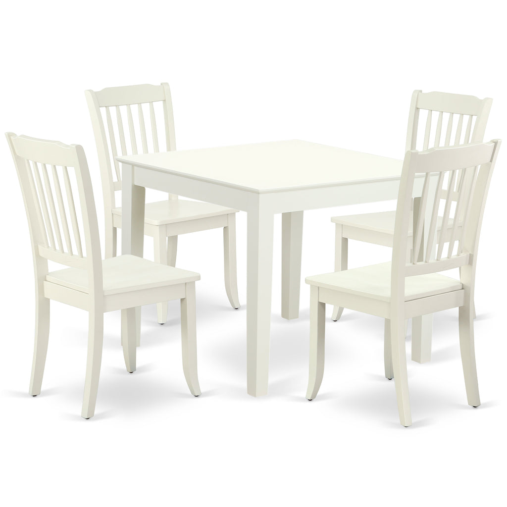 Juego de comedor de 5 piezas East West Furniture OXDA5-LWH-W para 4 personas. Incluye una mesa de comedor cuadrada y 4 sillas de comedor.