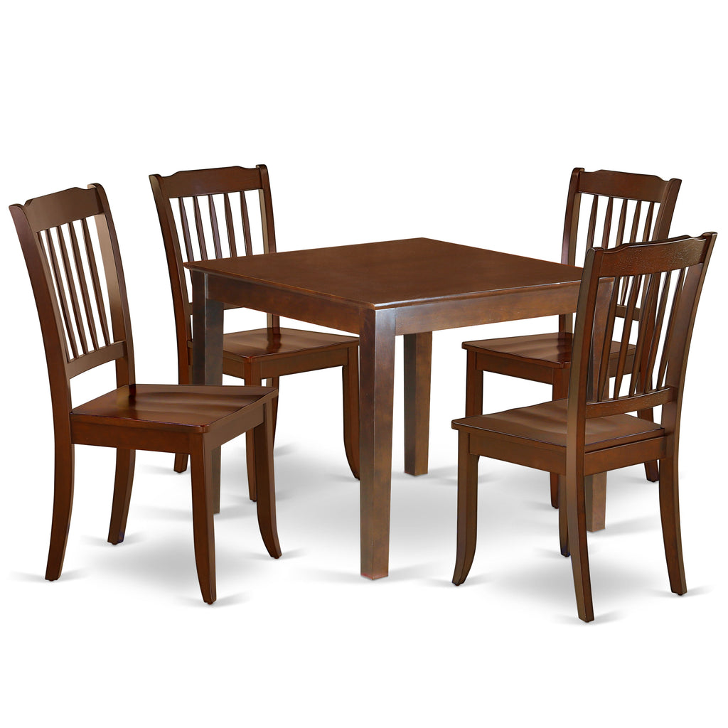 El juego de mesa de comedor de 5 piezas East West Furniture OXDA5-MAH-W incluye una mesa cuadrada de madera y 4 sillas de comedor de cocina.