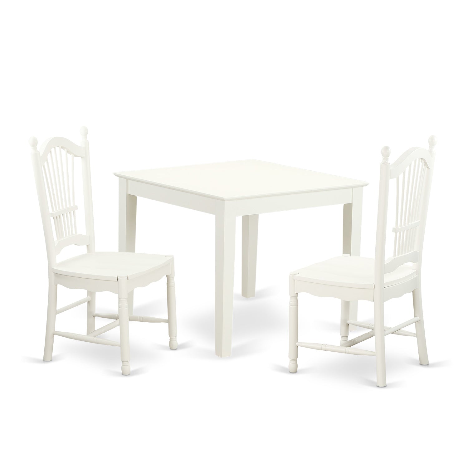 Juego de mesa de cocina de 3 piezas OXDO3-LWH-W de East West Furniture para espacios pequeños. Contiene una mesa de comedor cuadrada y dos sillas de comedor.