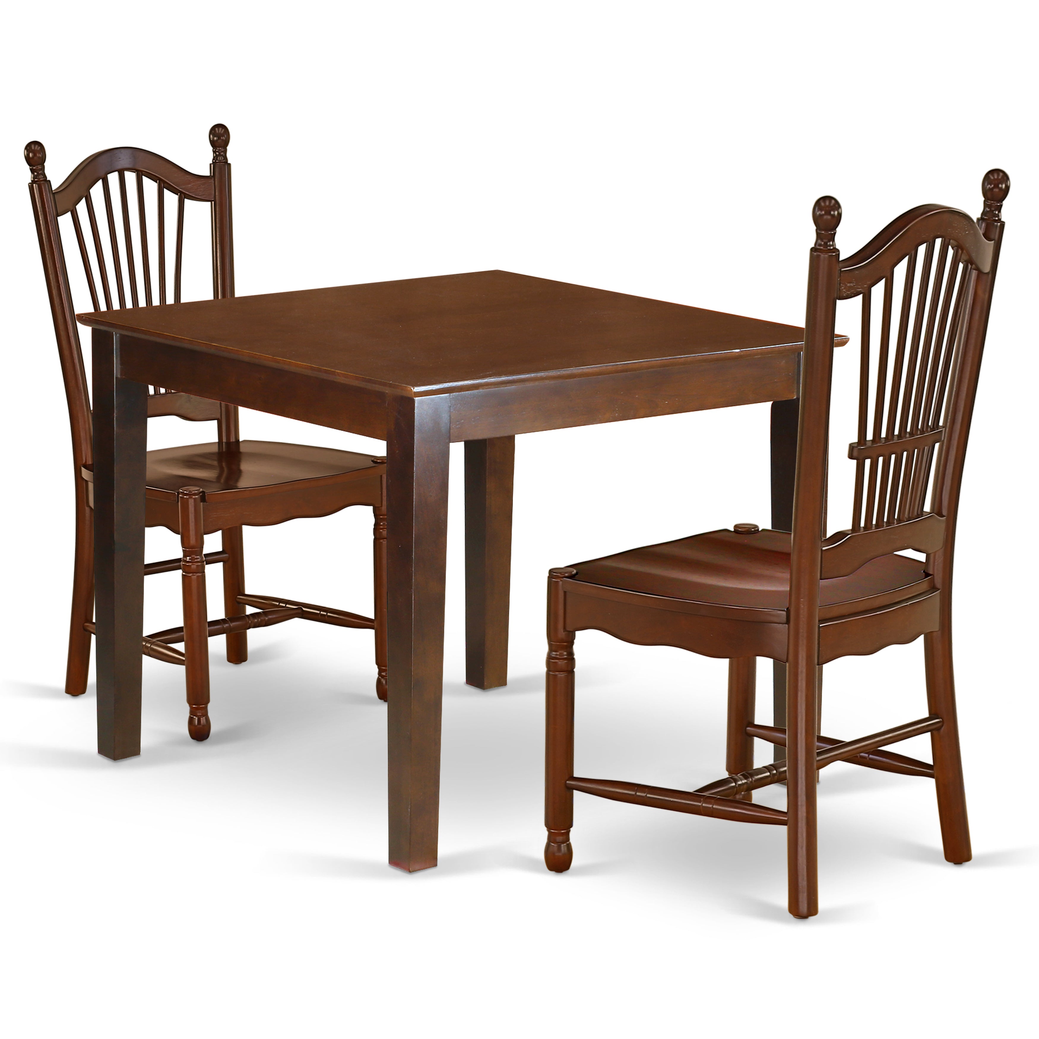 Juego de mesa de comedor de 3 piezas OXDO3-MAH-W de East West Furniture. Contiene una mesa de cocina cuadrada y 2 sillas de comedor.