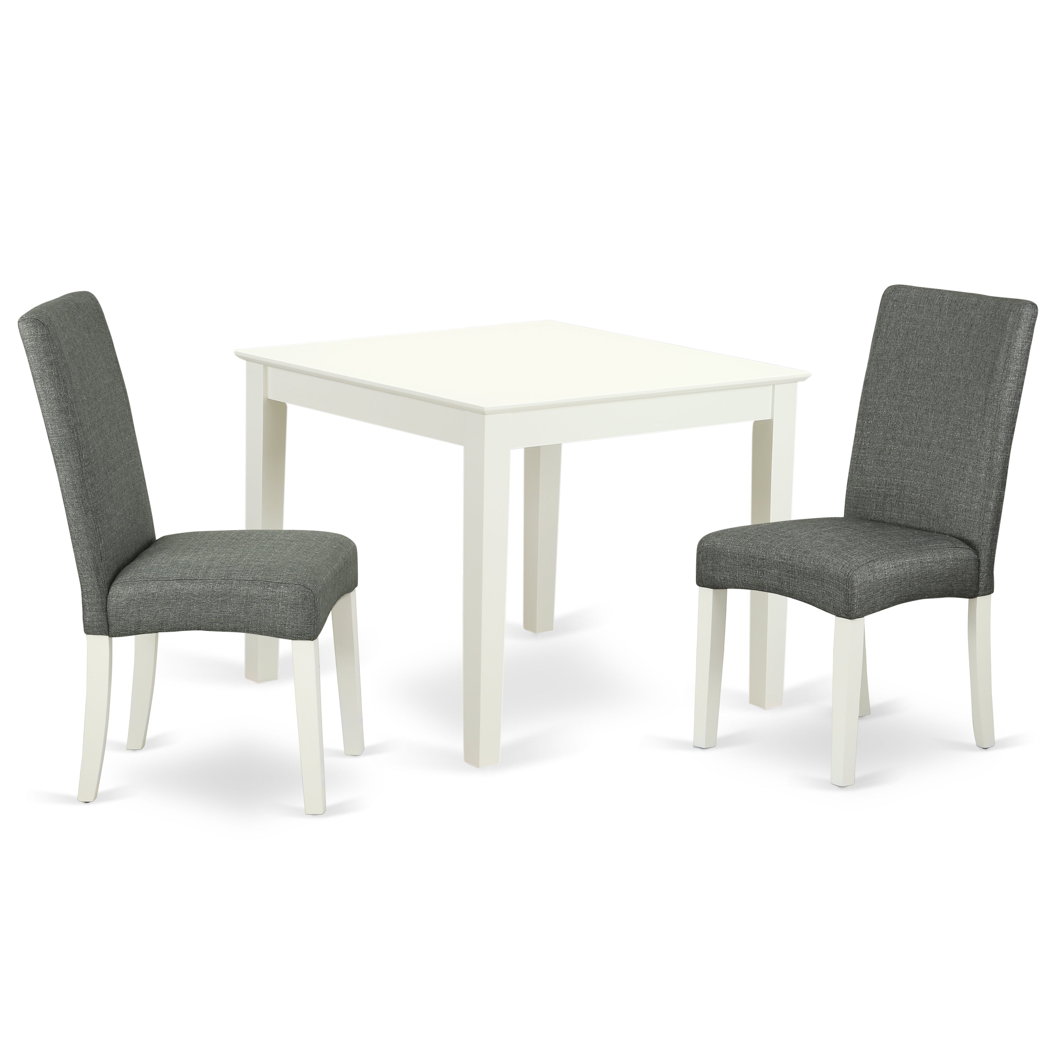 Juego de comedor de 3 piezas East West Furniture OXDR3-LWH-07 para espacios pequeños. Contiene una mesa de comedor cuadrada y dos sillas de comedor Parson de tela de lino gris.