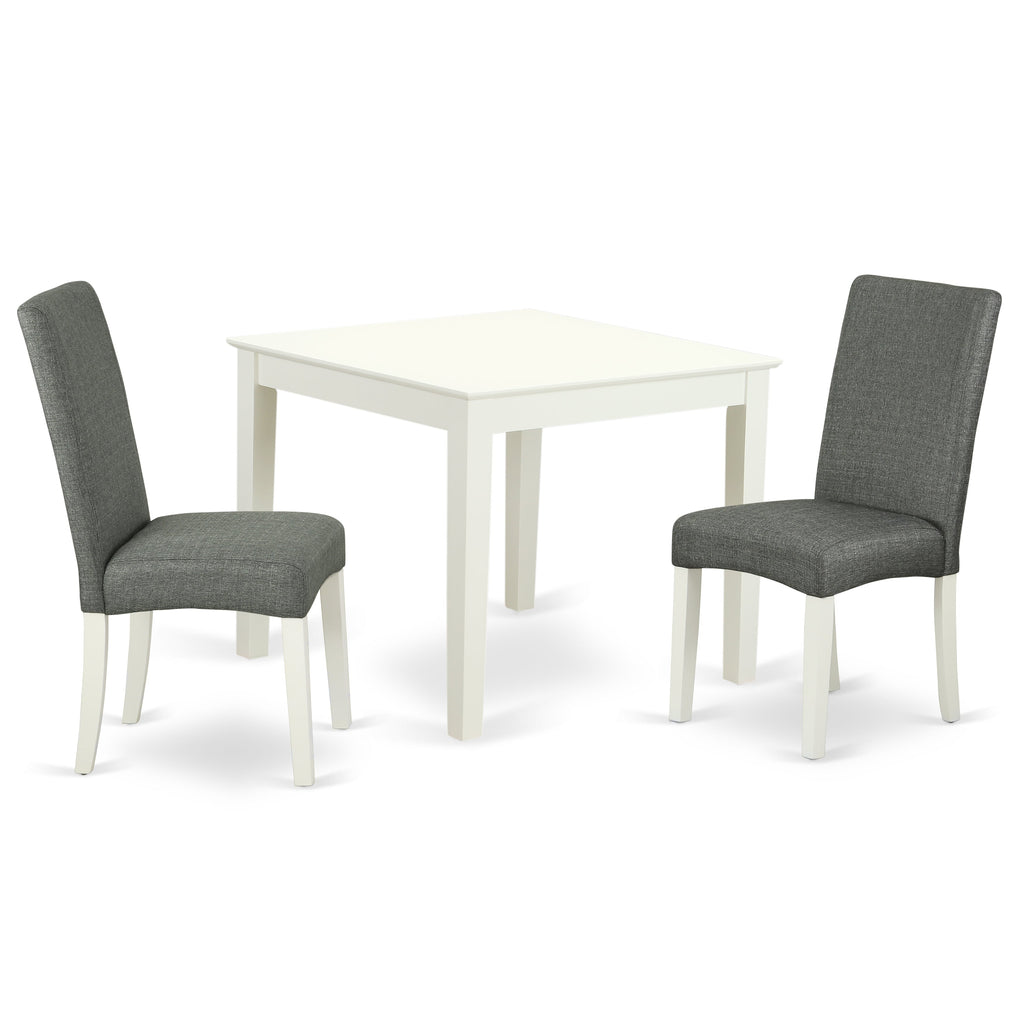 Juego de comedor de 3 piezas East West Furniture OXDR3-LWH-07 para espacios pequeños. Contiene una mesa de comedor cuadrada y dos sillas de comedor Parson de tela de lino gris.