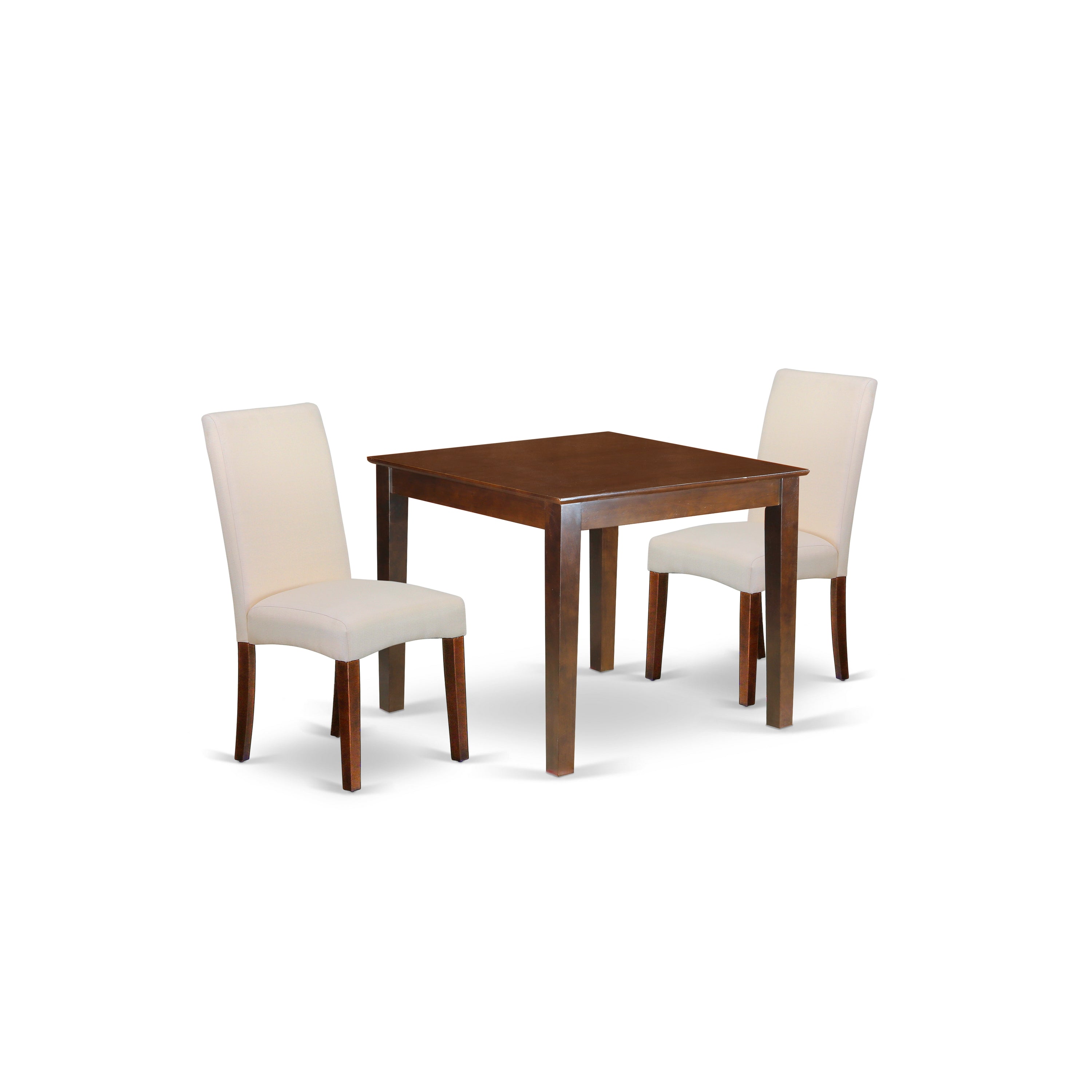 OXDR3-MAH-01 3Pc Square 36" Table And 2 Parson Chair With Mahogany Finish Leg And Linen Fabric- Cream Color