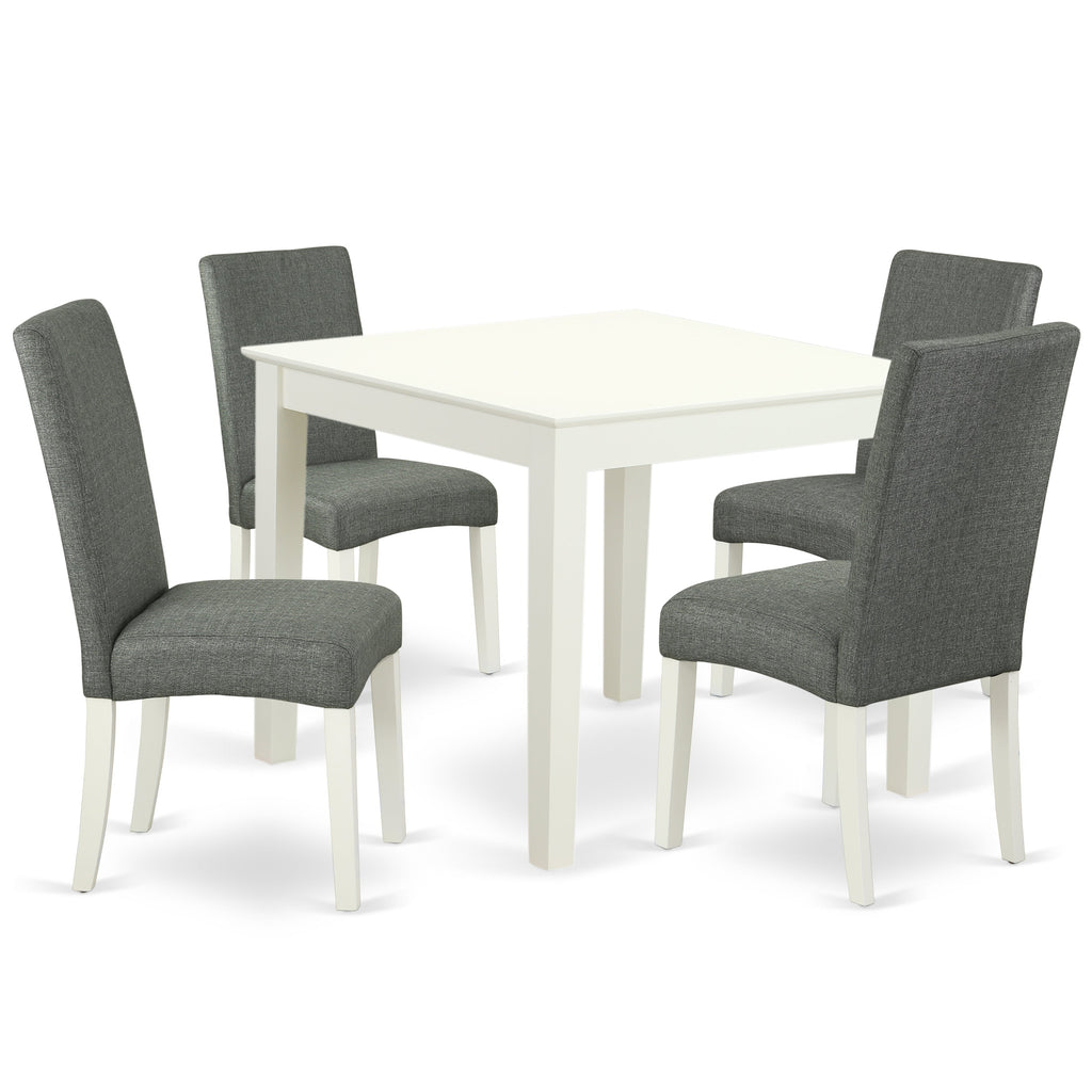 Juego de mesa de comedor moderna de 5 piezas East West Furniture OXDR5-LWH-07. Incluye una mesa cuadrada de madera y 4 sillas tapizadas en tela de lino gris.