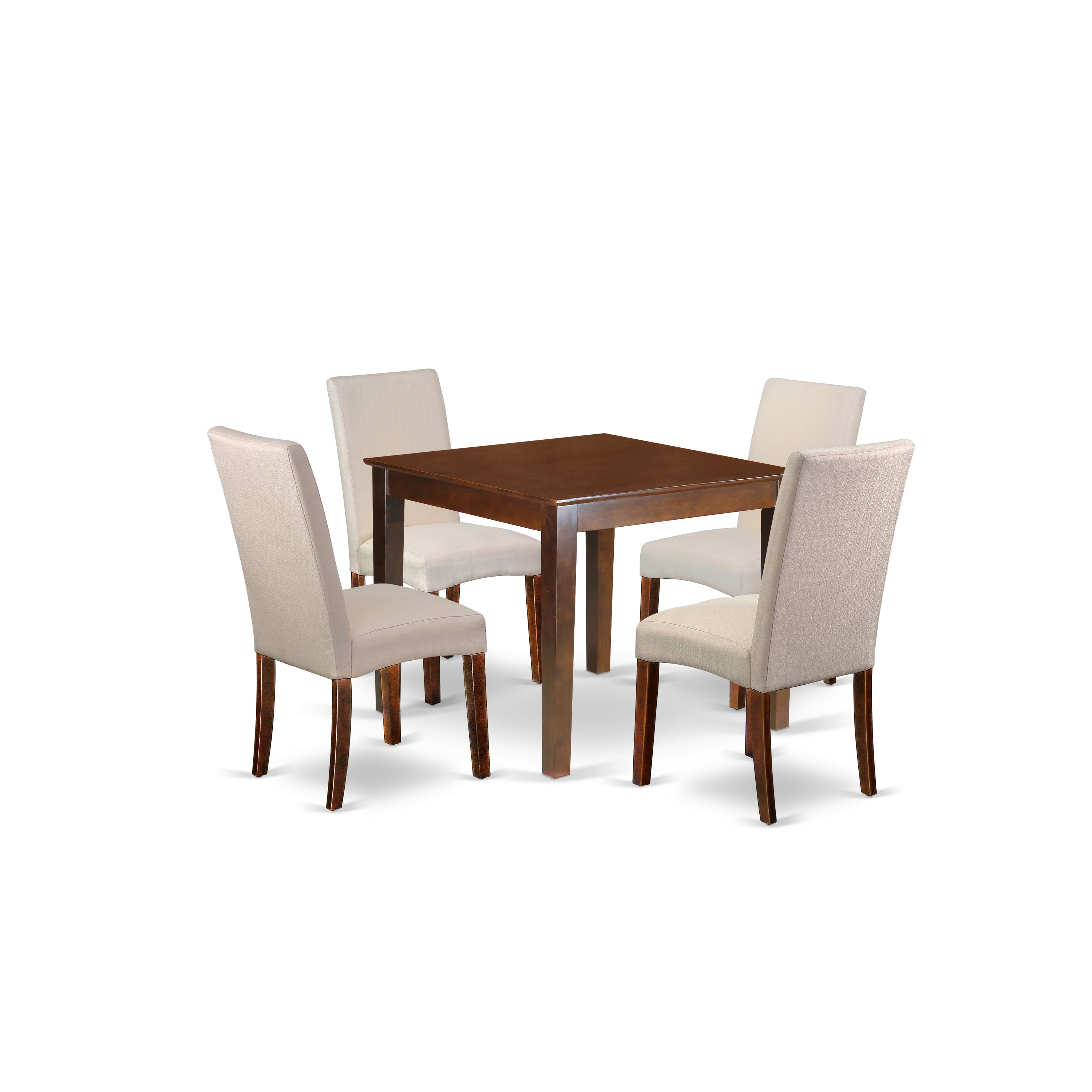 Juego de mesa y sillas de cocina de 5 piezas OXDR5-MAH-01 de East West Furniture. Incluye una mesa de comedor cuadrada y 4 sillas de comedor Parsons de tela de lino color crema.