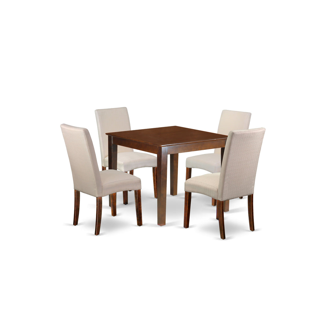 East West Furniture OXDR5-MAH-01 5 Piece Kitchen Table & Chairs Set Includes a Square Dining Room Table and 4 Cream Linen Fabric Parsons Dining Room Chairs
