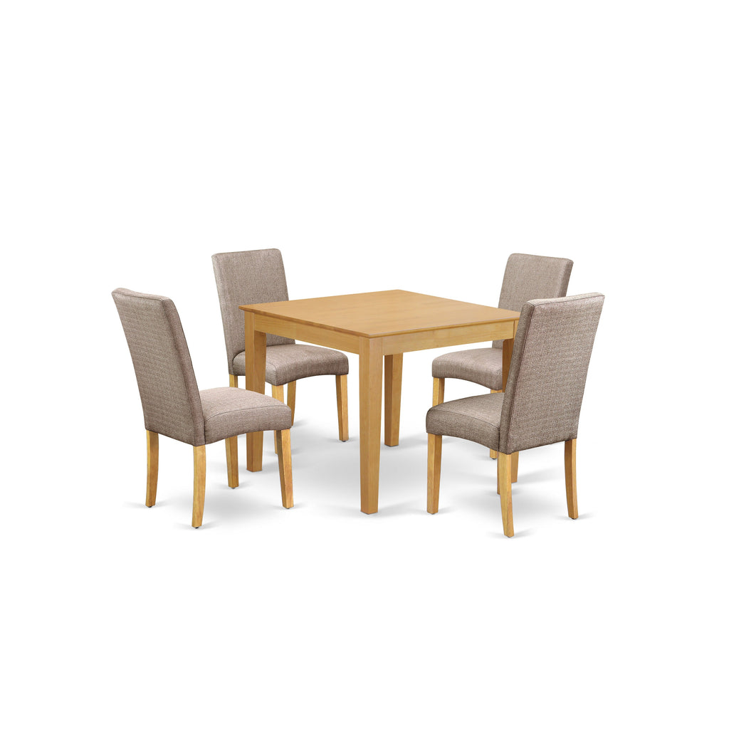 Juego de mesa de cocina de 5 piezas East West Furniture OXDR5-OAK-16 para 4 personas. Incluye una mesa de comedor cuadrada y 4 sillas de comedor Parson de tela de lino color caqui oscuro.