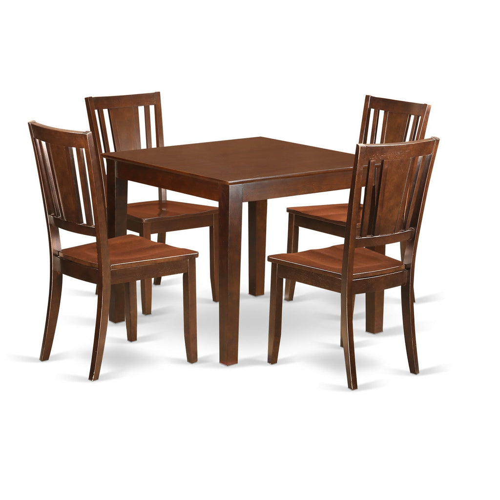 Juego de mesa de comedor de 5 piezas East West Furniture OXDU5-MAH-W para 4 personas. Incluye una mesa de cocina cuadrada y 4 sillas de comedor de cocina.