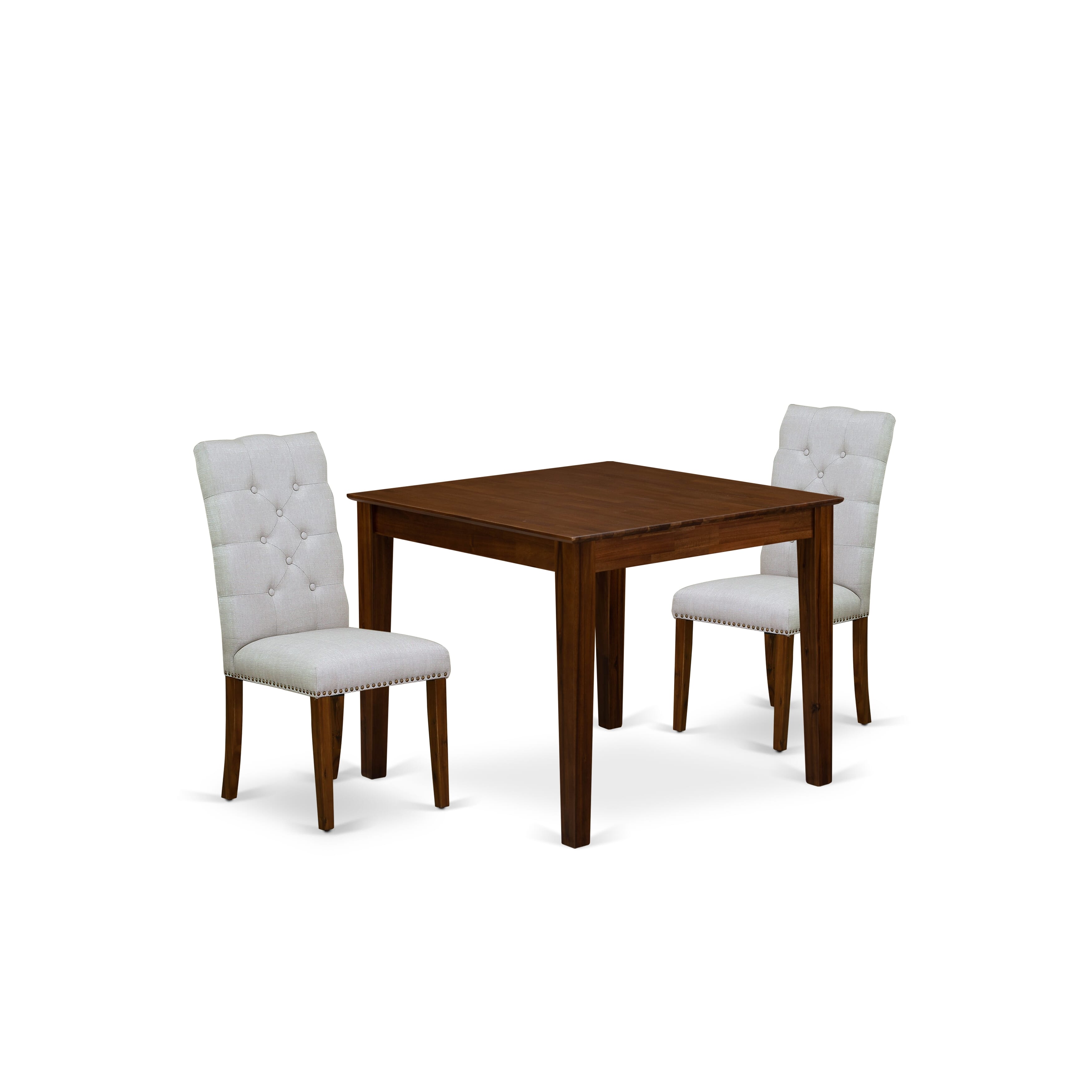 East West Furniture OXEL3-AWA-05 3 Piece Dining Room Table Set Contains a Square Dinette Table and 2 Upholstered Chairs, 36x36 Inch, Antique Walnut