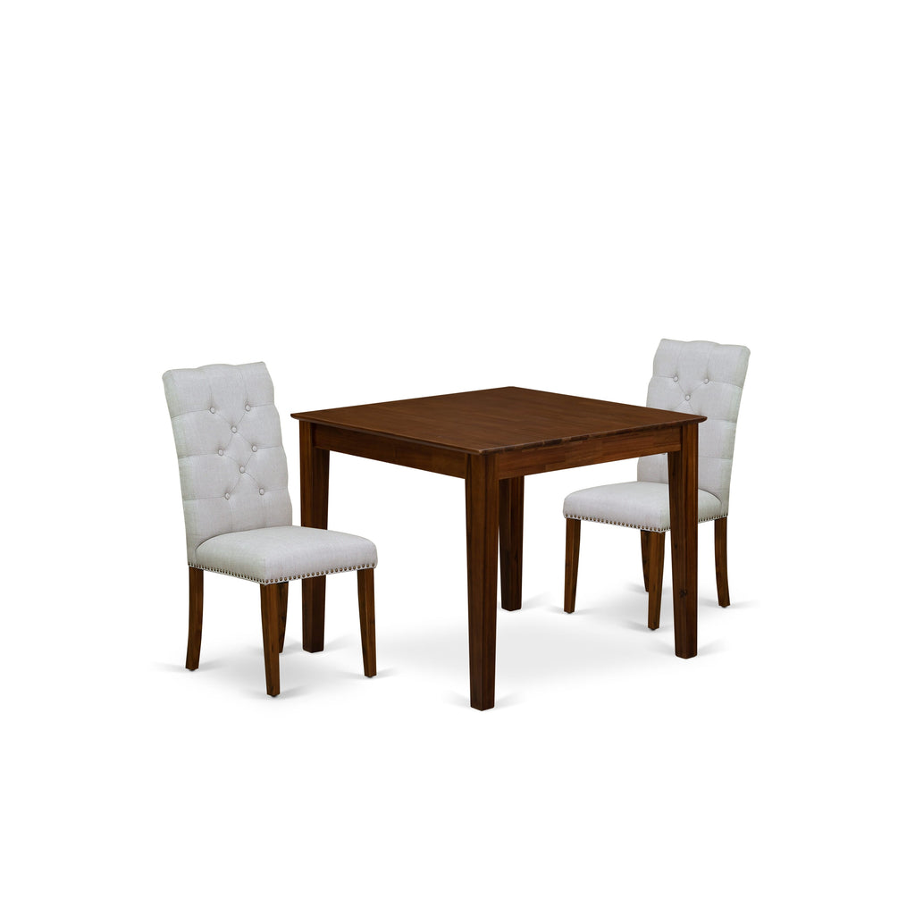 East West Furniture OXEL3-AWA-05 3 Piece Dining Room Table Set  Contains a Square Dinette Table and 2 Upholstered Chairs, 36x36 Inch, Antique Walnut