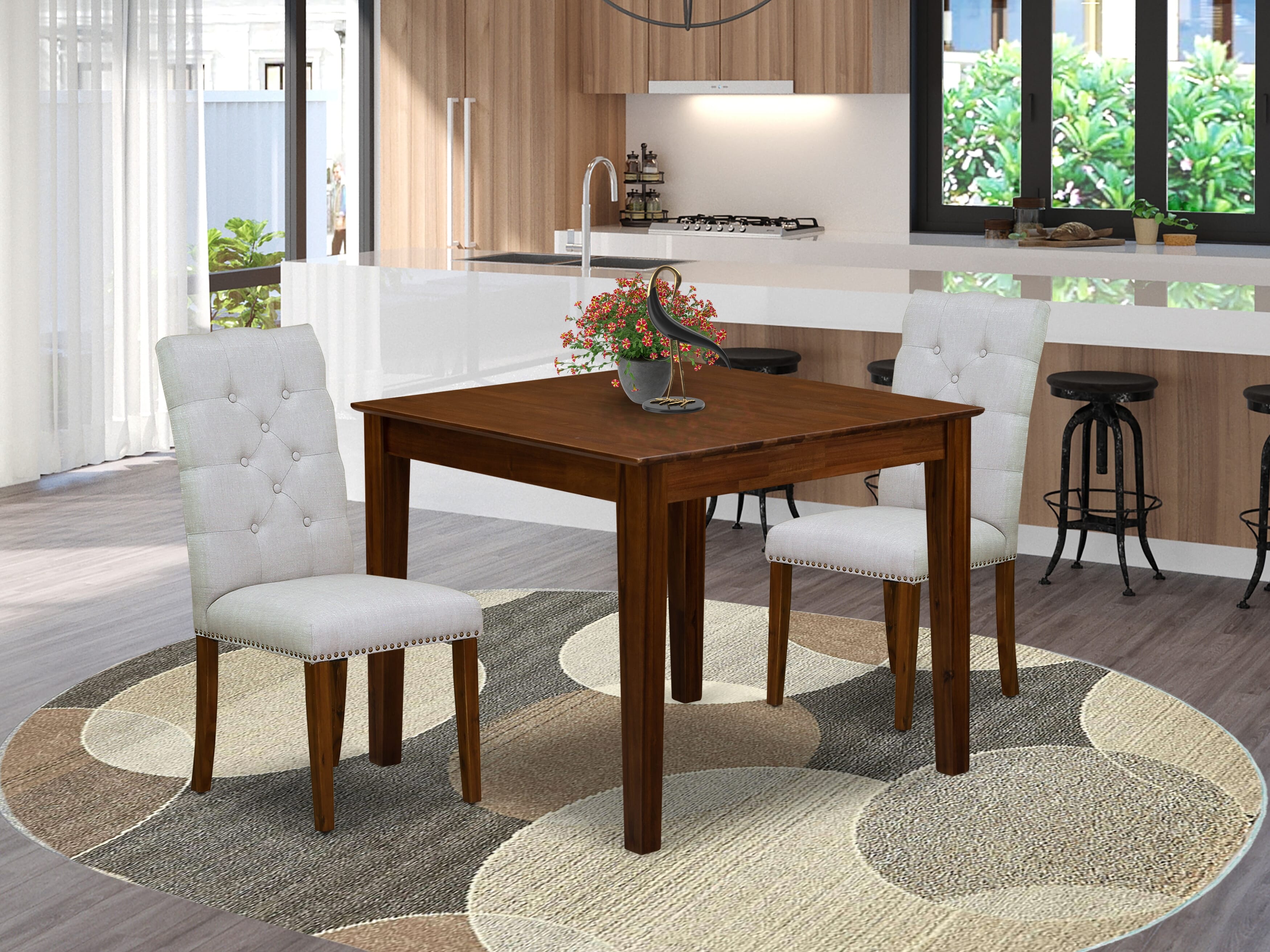 East West Furniture OXEL3-AWA-05 3 Piece Dining Room Table Set Contains a Square Dinette Table and 2 Upholstered Chairs, 36x36 Inch, Antique Walnut