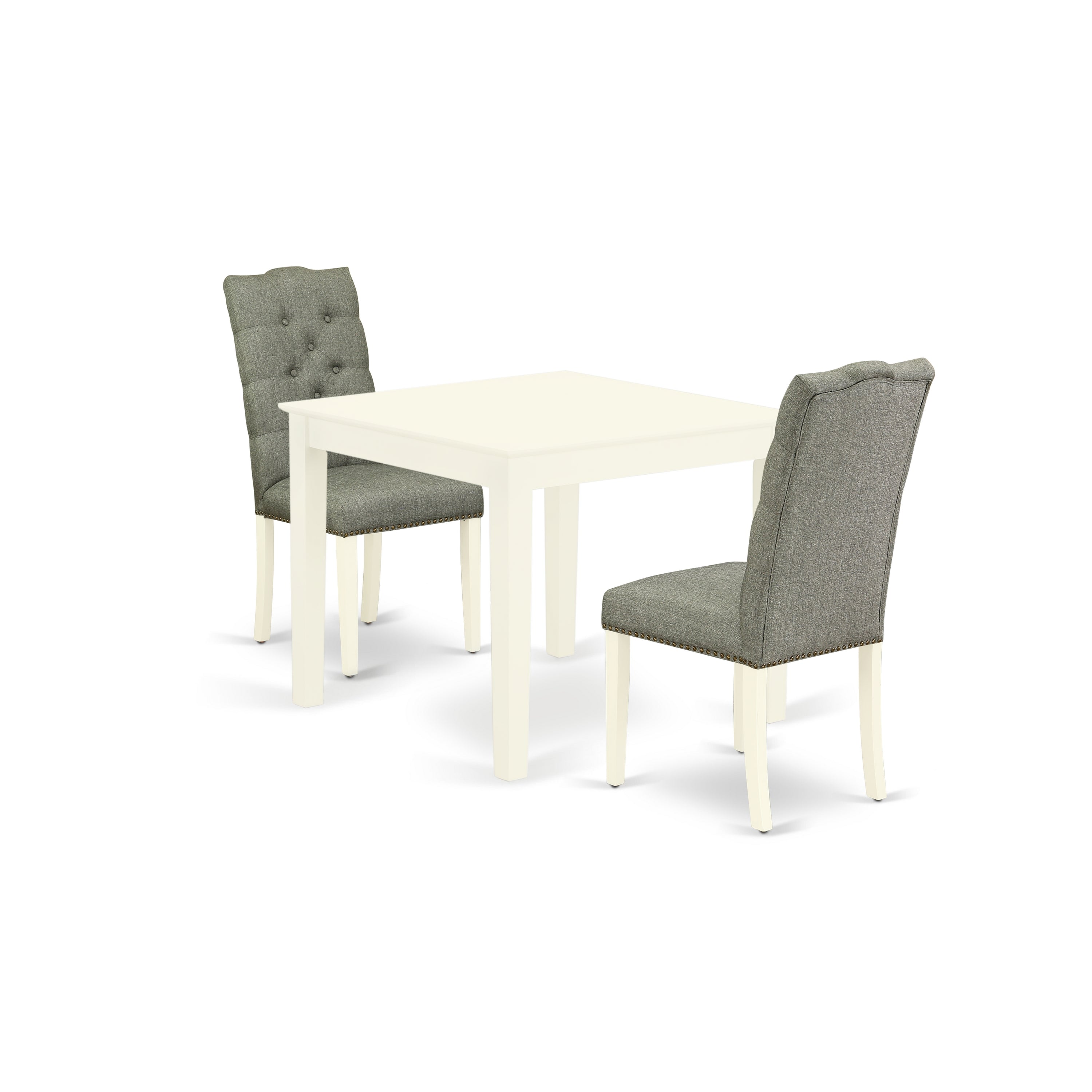 Juego de mesa de cocina de 3 piezas East West Furniture OXEL3-LWH-07 para espacios pequeños. Contiene una mesa de comedor cuadrada y dos sillas tapizadas en tela de lino gris.