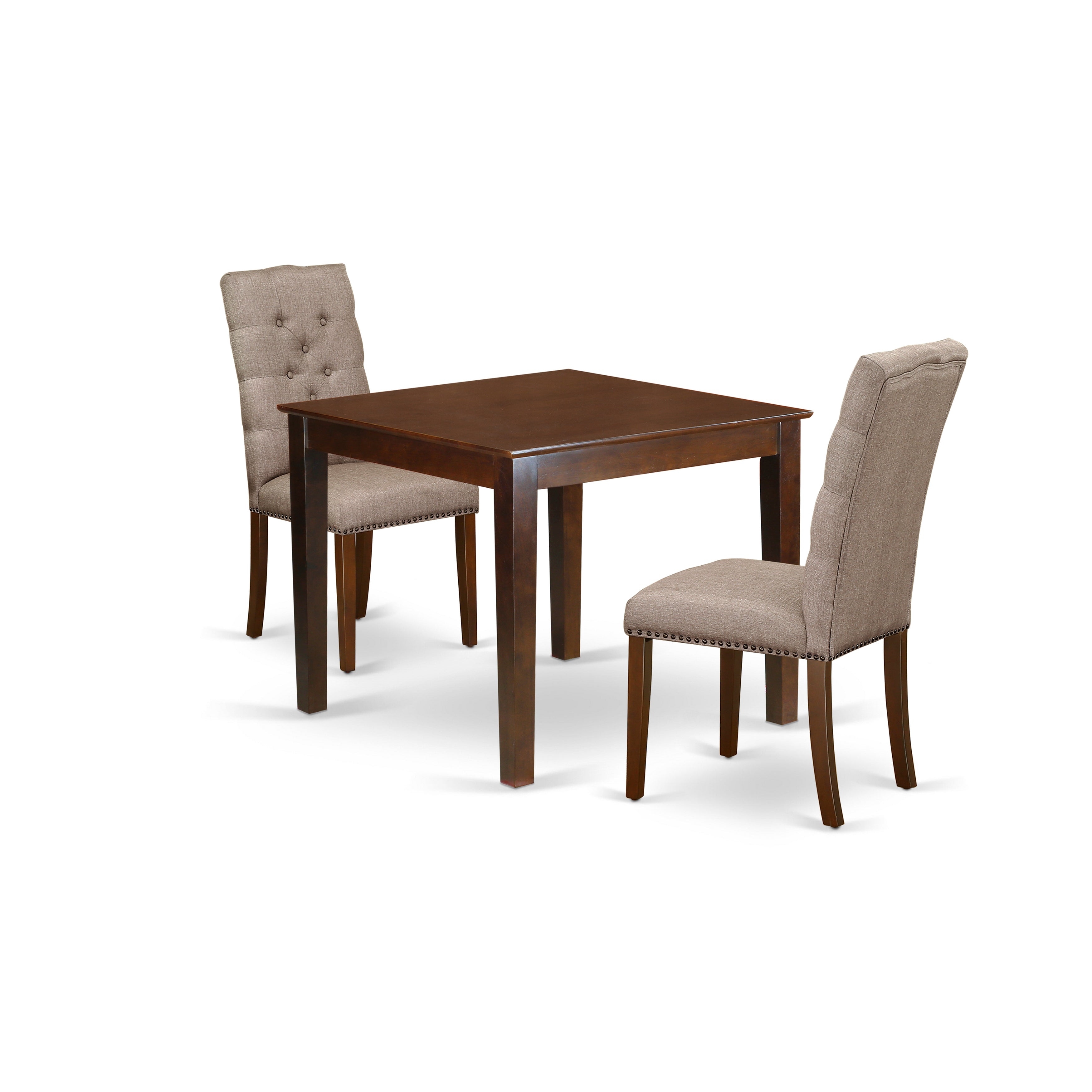 Juego de comedor de 3 piezas OXEL3-MAH-16 de East West Furniture. Contiene una mesa de comedor cuadrada y dos sillas Parson tapizadas en tela de lino color caqui oscuro.