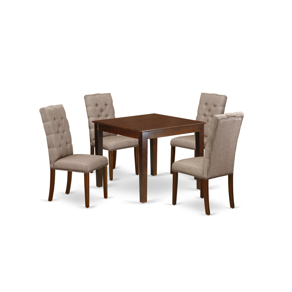 El juego de mesa de comedor de 5 piezas East West Furniture OXEL5-MAH-16 incluye una mesa de cocina cuadrada y 4 sillas de comedor Parson de tela de lino color caqui oscuro.