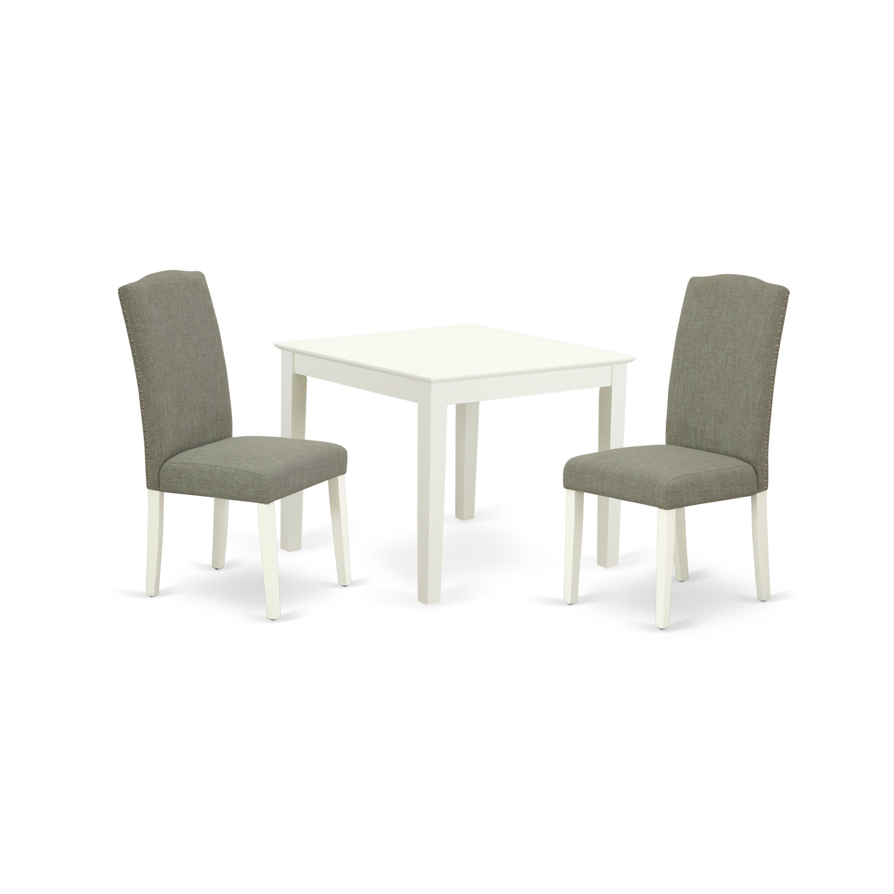 OXEN3-LWH-06 3Pc Square 36 Inch Table And A Pair Of Parson Chair With Linen White Leg And Linen Fabric Dark Shitake