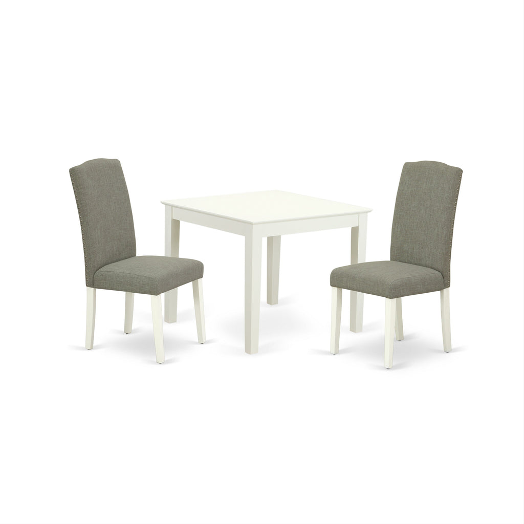 East West Furniture OXEN3-LWH-06 3 Piece Kitchen Table Set for Small Spaces Contains a Square Dining Room Table and 2 Dark Shitake Linen Fabric Upholstered Chairs, 36x36 Inch, Linen White