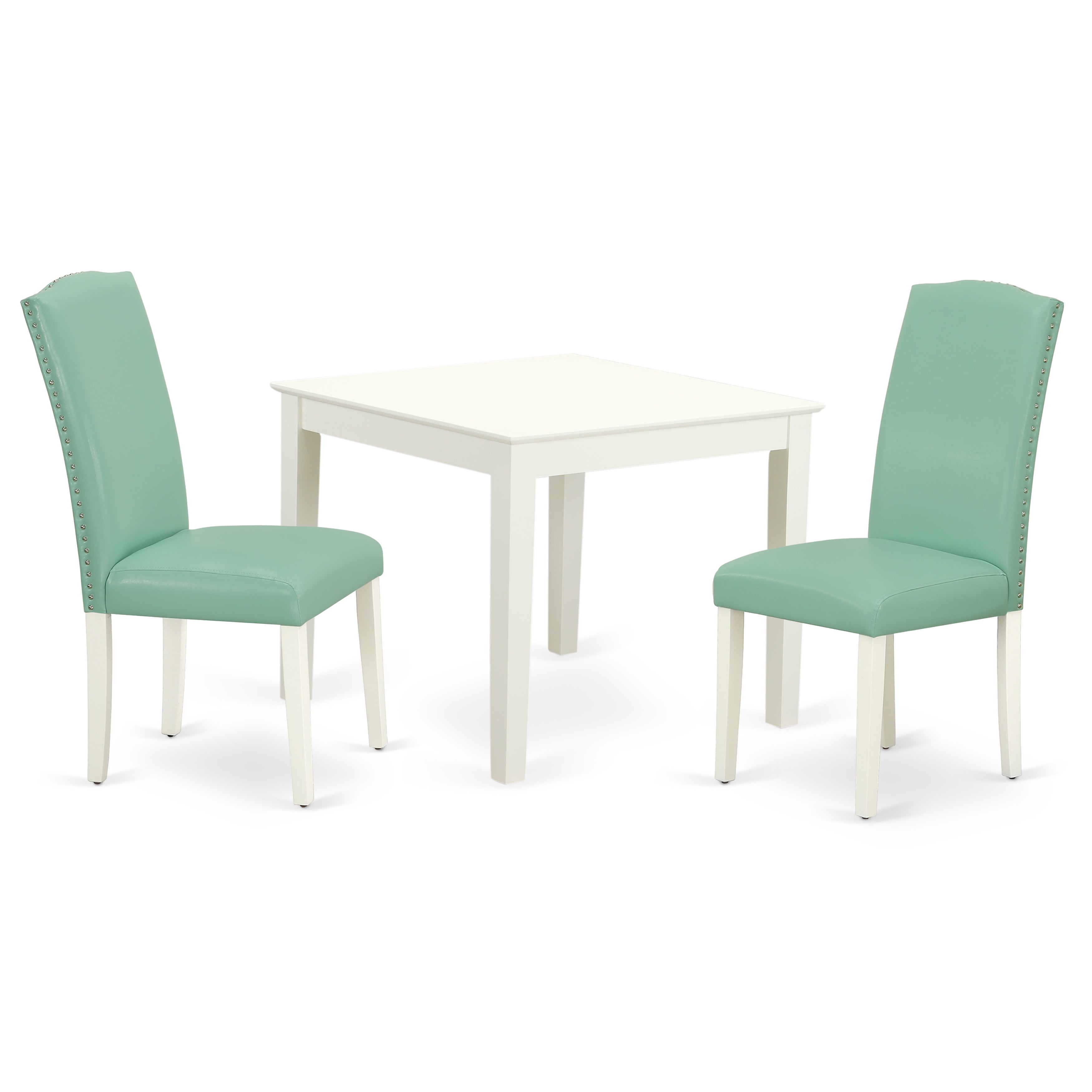 Juego de comedor de 3 piezas East West Furniture OXEN3-LWH-57 para espacios pequeños. Contiene una mesa de comedor cuadrada y dos sillas de comedor Parsons de cuero sintético color estanque.
