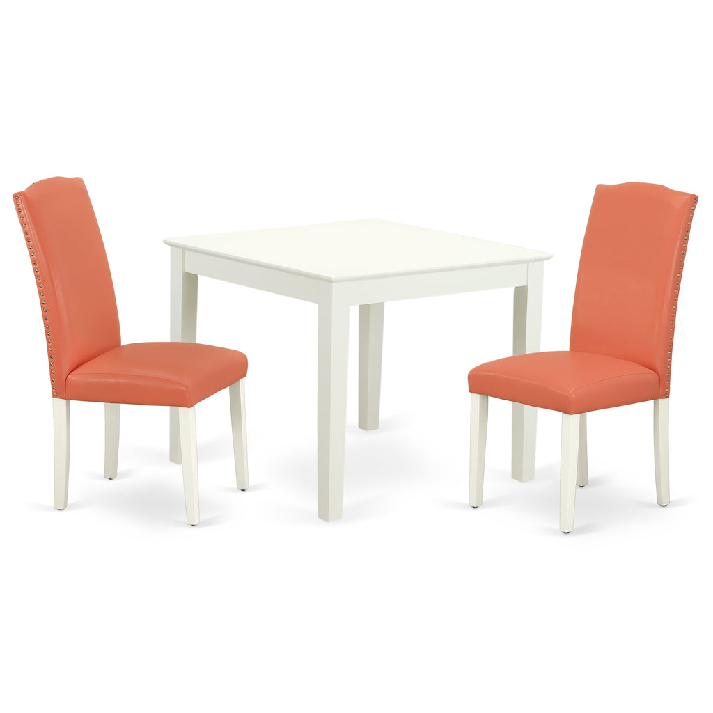 Juego de comedor de 3 piezas East West Furniture OXEN3-LWH-78 para espacios pequeños. Contiene una mesa de comedor cuadrada y dos sillas de comedor Parson de cuero sintético con flamencos rosados.