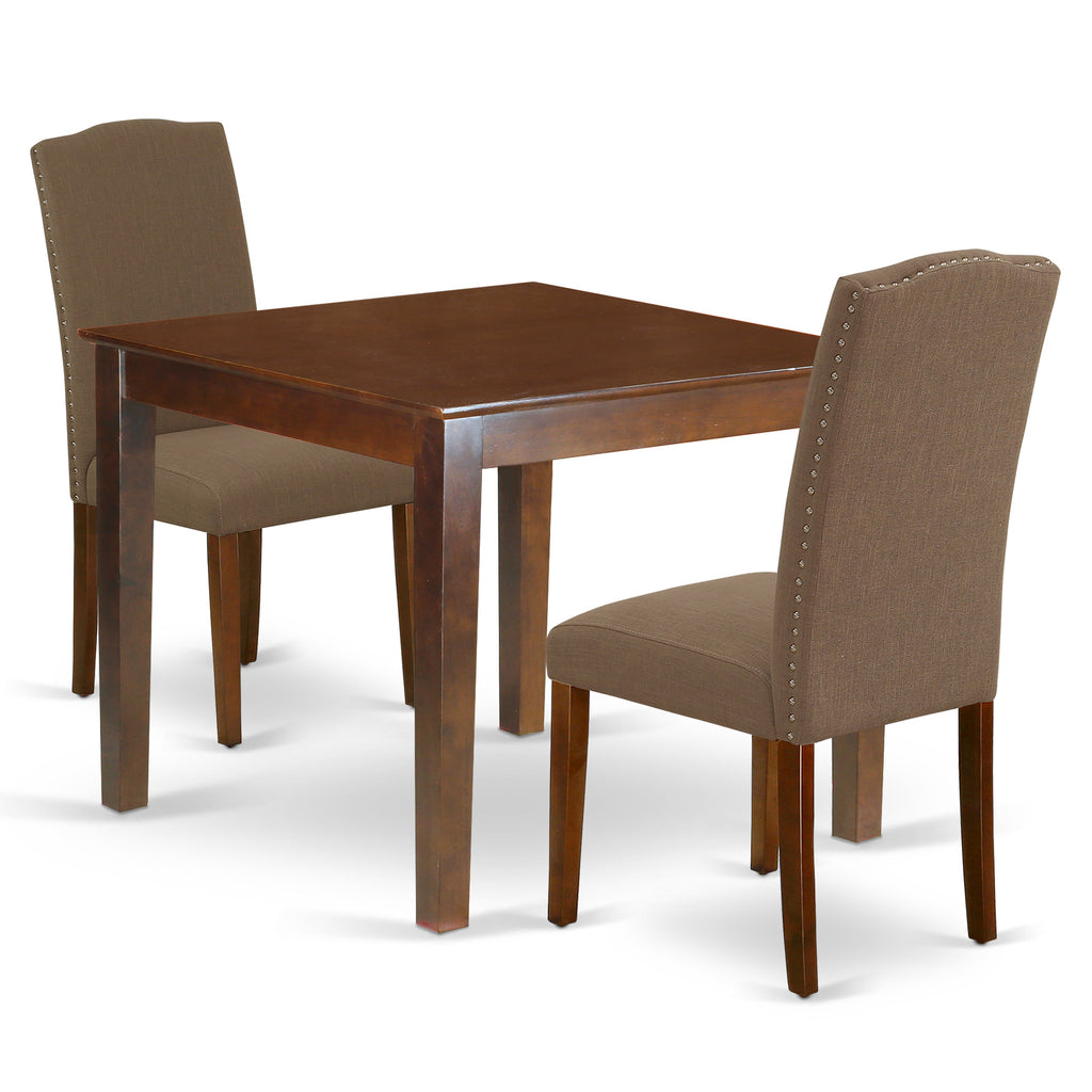 East West Furniture OXEN3-MAH-18 3 Piece Dining Room Table Set  Contains a Square Wooden Table and 2 Dark Coffee Linen Fabric Upholstered Parson Chairs, 36x36 Inch, Mahogany