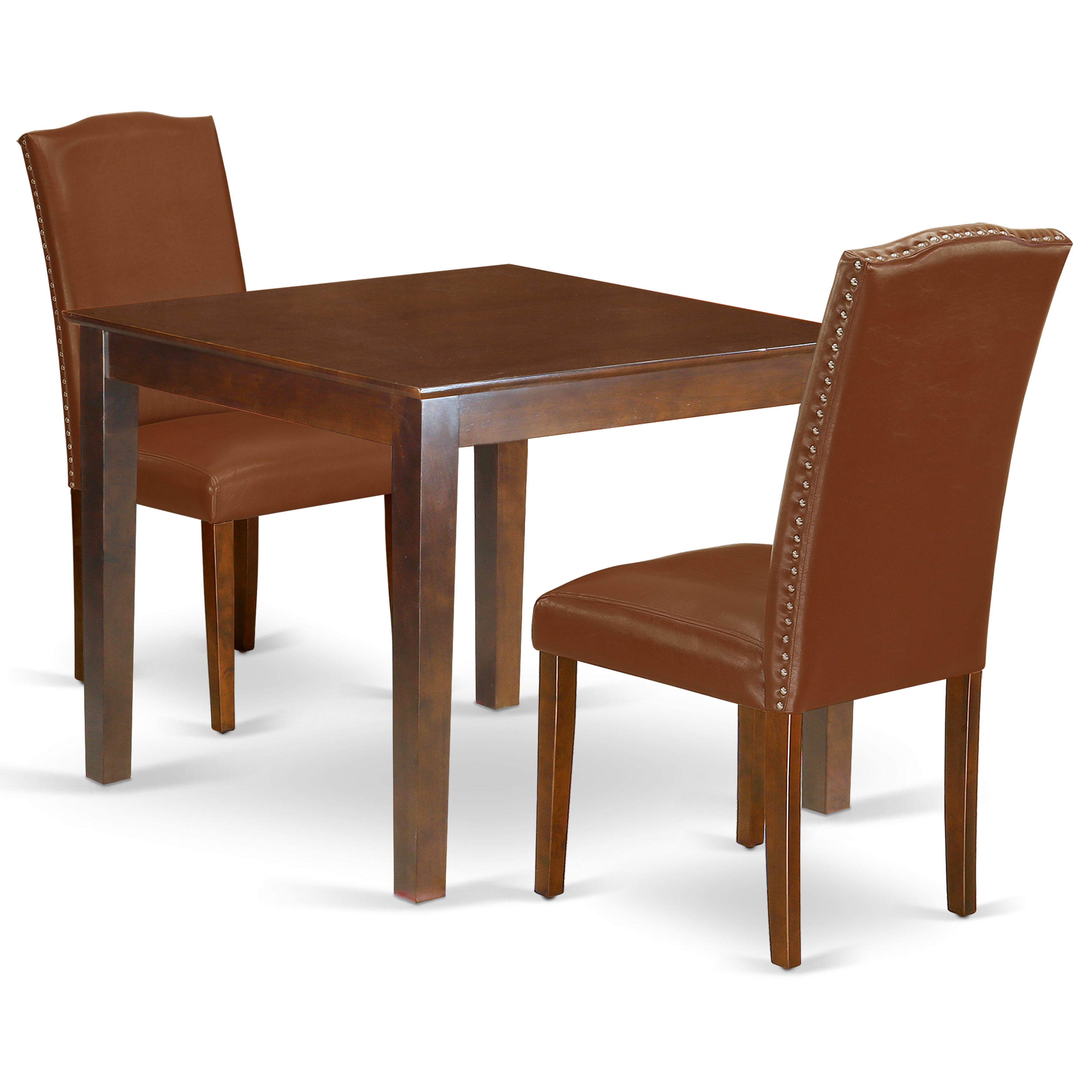 Juego de mesa de cocina de 3 piezas East West Furniture OXEN3-MAH-66 para espacios pequeños. Incluye una mesa de comedor cuadrada y dos sillas tapizadas en piel sintética marrón.
