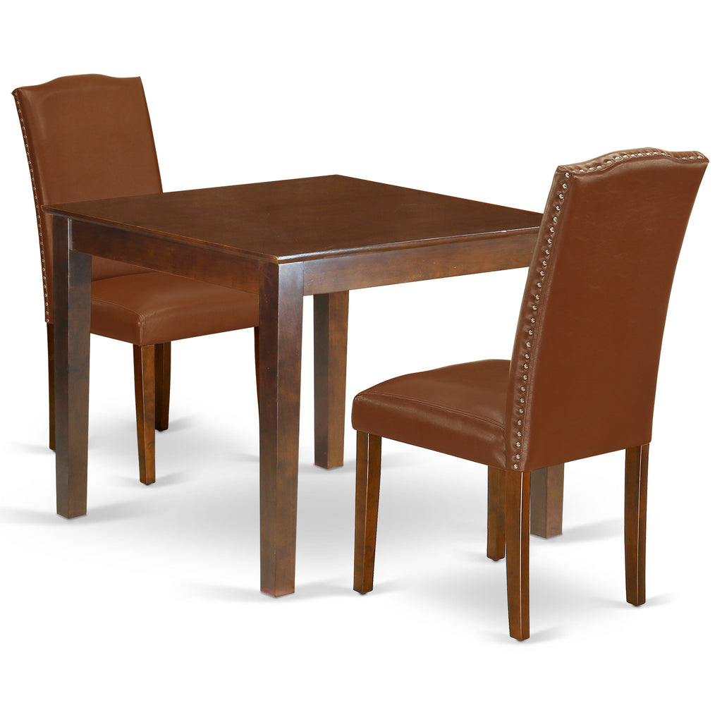East West Furniture OXEN3-MAH-66 3 Piece Kitchen Table Set for Small Spaces Contains a Square Dining Room Table and 2 Brown Faux Faux Leather Upholstered Chairs, 36x36 Inch, Mahogany