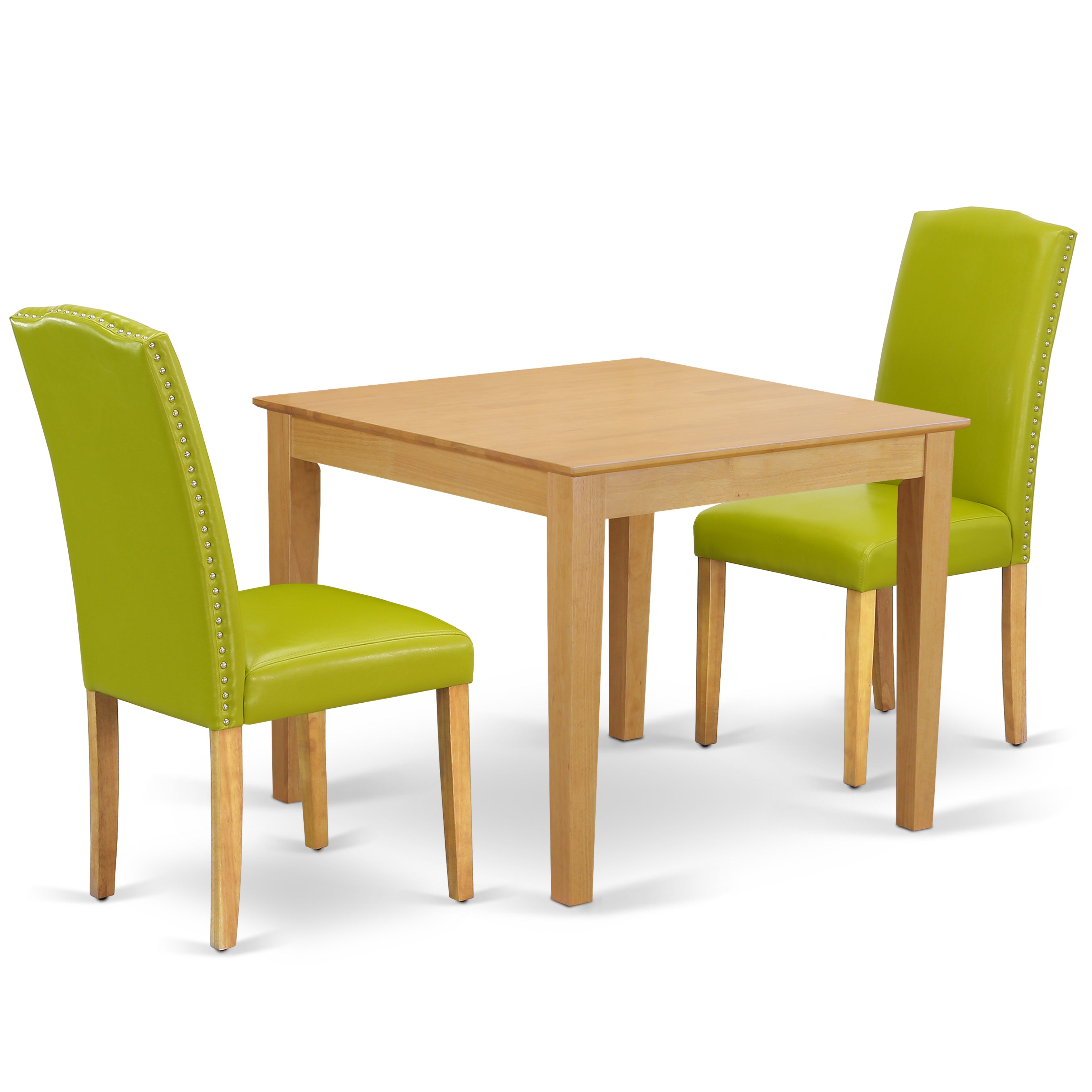 Juego de comedor de 3 piezas OXEN3-OAK-51 de East West Furniture para espacios pequeños. Contiene una mesa de comedor cuadrada y dos sillas de comedor Parsons de cuero sintético verde otoño.