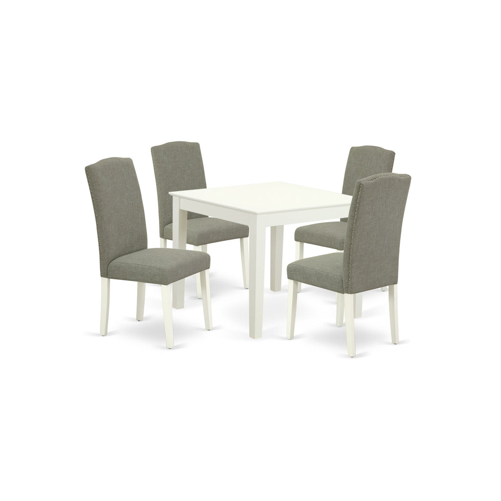 East West Furniture OXEN5-LWH-06 5 Piece Modern Dining Table Set Includes a Square Wooden Table and 4 Dark Shitake Linen Fabric Upholstered Parson Chairs