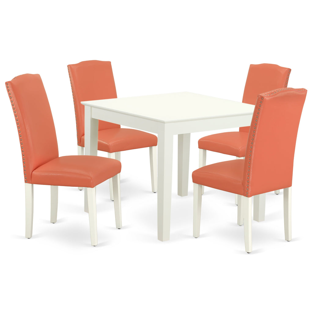 East West Furniture OXEN5-LWH-78 5 Piece Modern Dining Table Set Includes a Square Wooden Table and 4 Pink Flamingo Faux Leather Upholstered Chairs, 36x36 Inch, Linen White