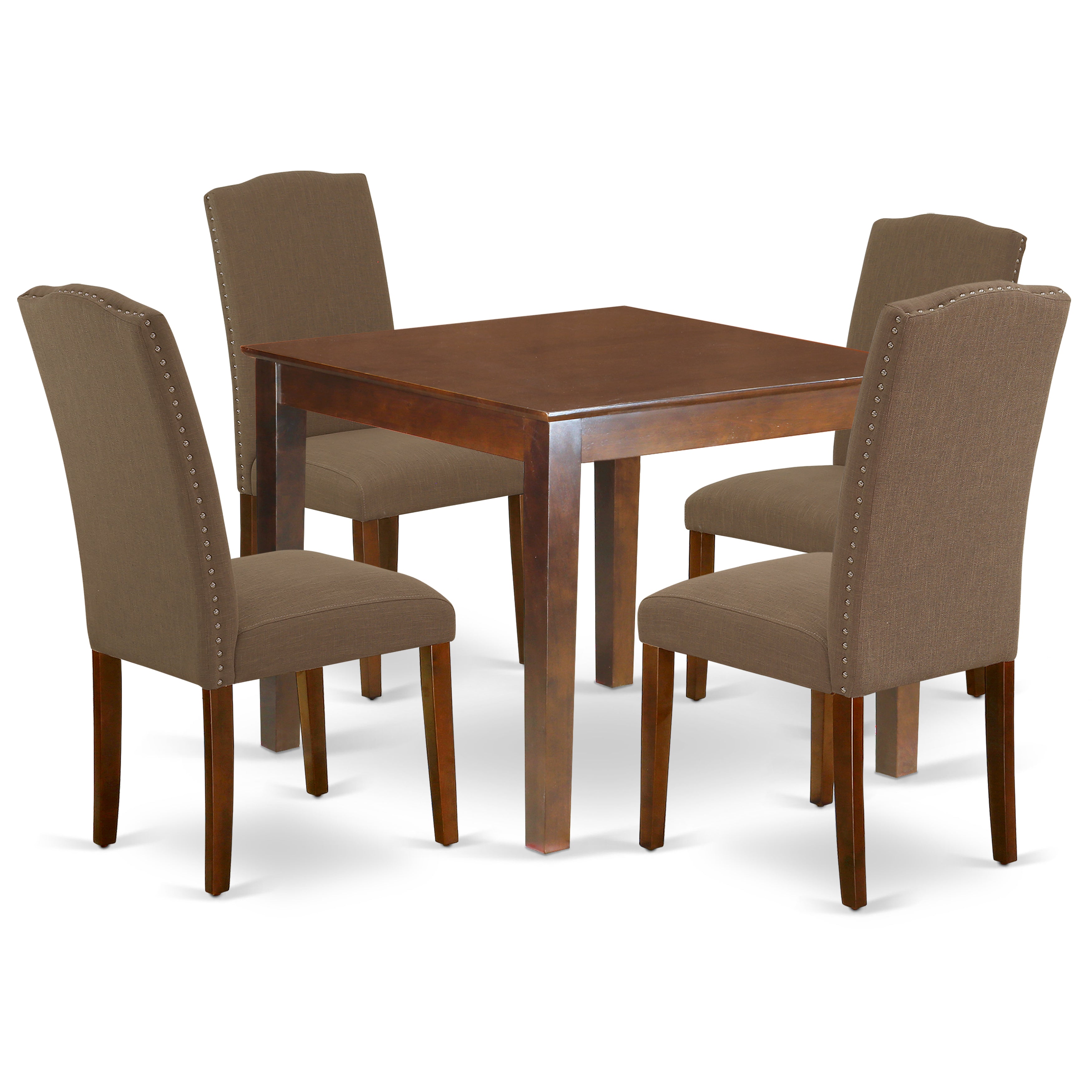 Juego de comedor de 5 piezas East West Furniture OXEN5-MAH-18 para 4 personas. Incluye una mesa de comedor cuadrada y 4 sillas de comedor Parson de tela de lino color café oscuro.
