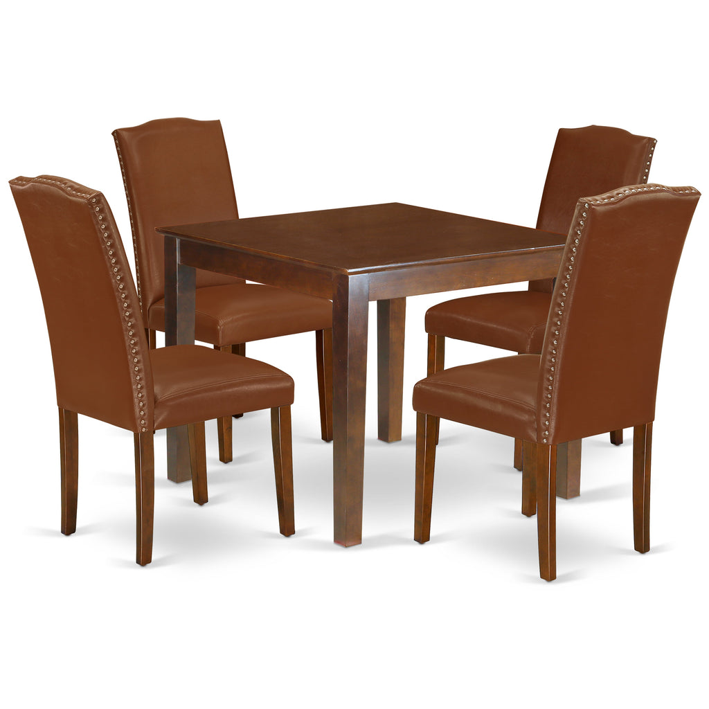 East West Furniture OXEN5-MAH-66 5 Piece Modern Dining Table Set Includes a Square Wooden Table and 4 Brown Faux Faux Leather Upholstered Chairs, 36x36 Inch, Mahogany
