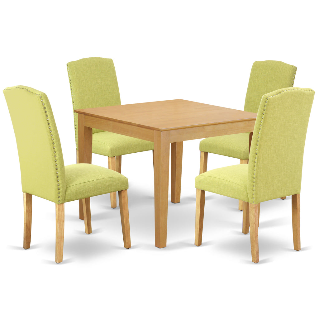 East West Furniture OXEN5-OAK-07 5 Piece Dining Table Set for 4 Includes a Square Kitchen Table and 4 Limelight Linen Fabric Parson Dining Room Chairs