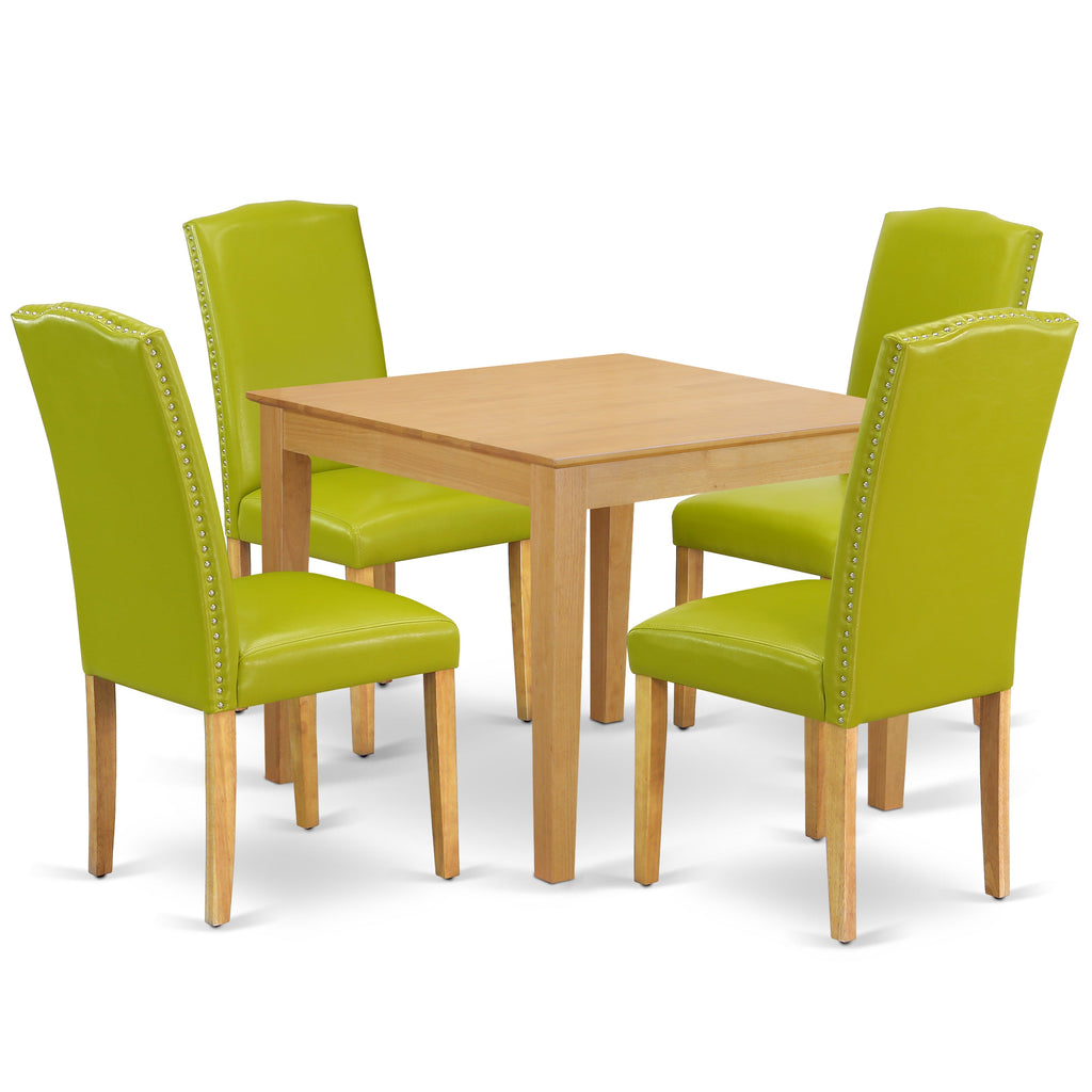 East West Furniture OXEN5-OAK-51 5 Piece Dining Set Includes a Square Dining Room Table and 4 Autumn Green Faux Leather Upholstered Parson Chairs, 36x36 Inch, Oak