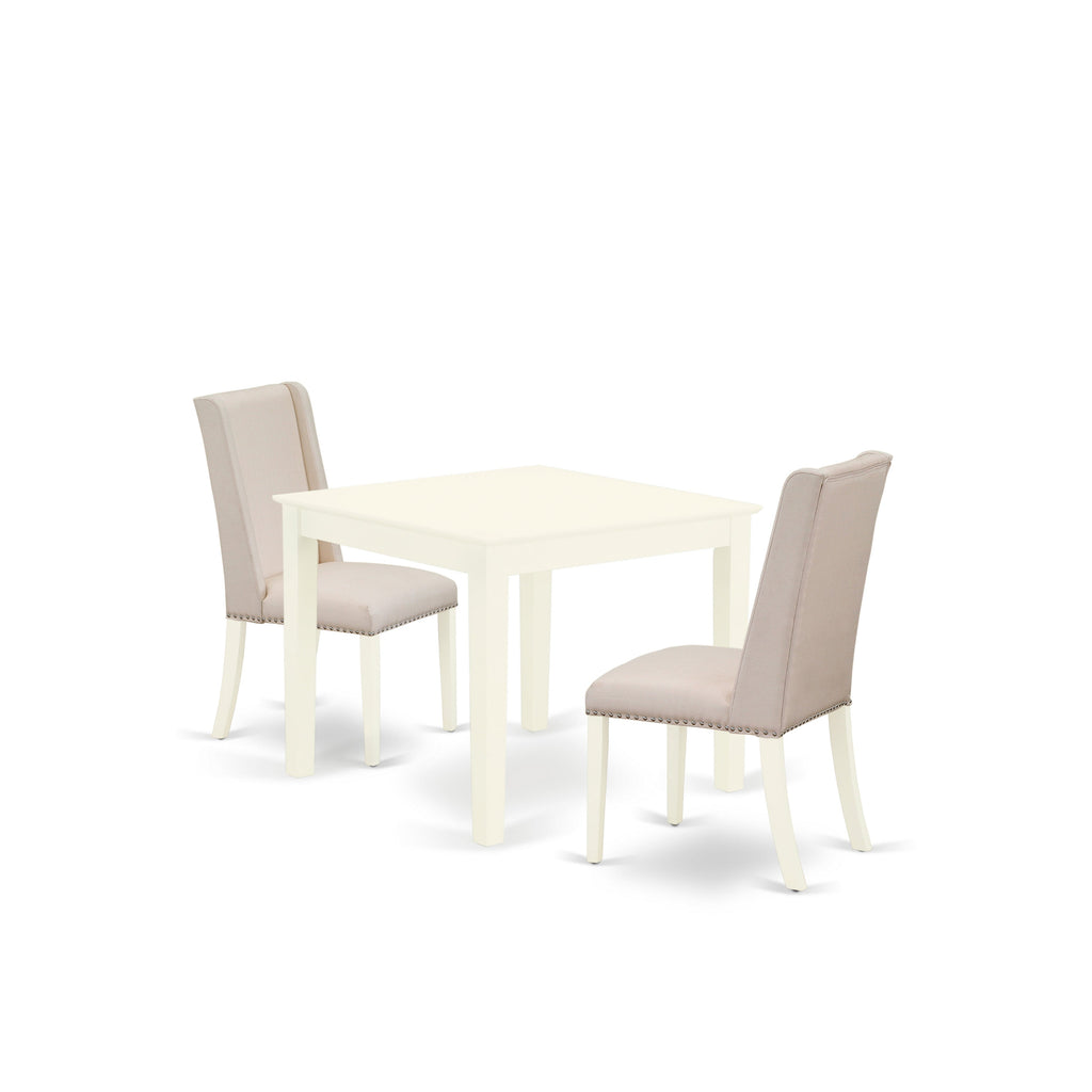 Juego de mesa y sillas de cocina de 3 piezas OXFL3-LWH-01 de East West Furniture. Incluye una mesa de comedor cuadrada y dos sillas Parson tapizadas en tela de lino color crema.