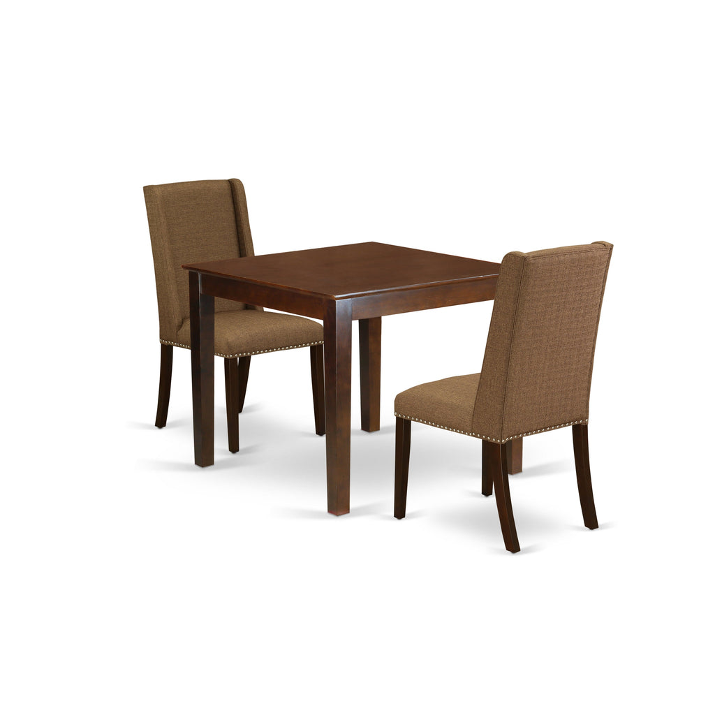 East West Furniture OXFL3-MAH-18 3 Piece Modern Dining Table Set Contains a Square Wooden Table and 2 Brown Linen Linen Fabric Upholstered Chairs