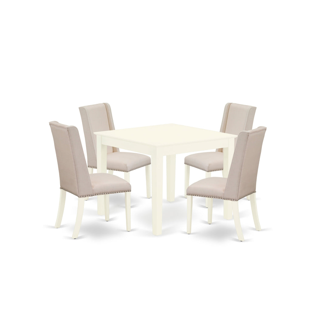 Juego de mesa de cocina de 5 piezas East West Furniture OXFL5-LWH-01 para 4 personas. Incluye una mesa de comedor cuadrada y 4 sillas de comedor Parson de tela de lino color crema.