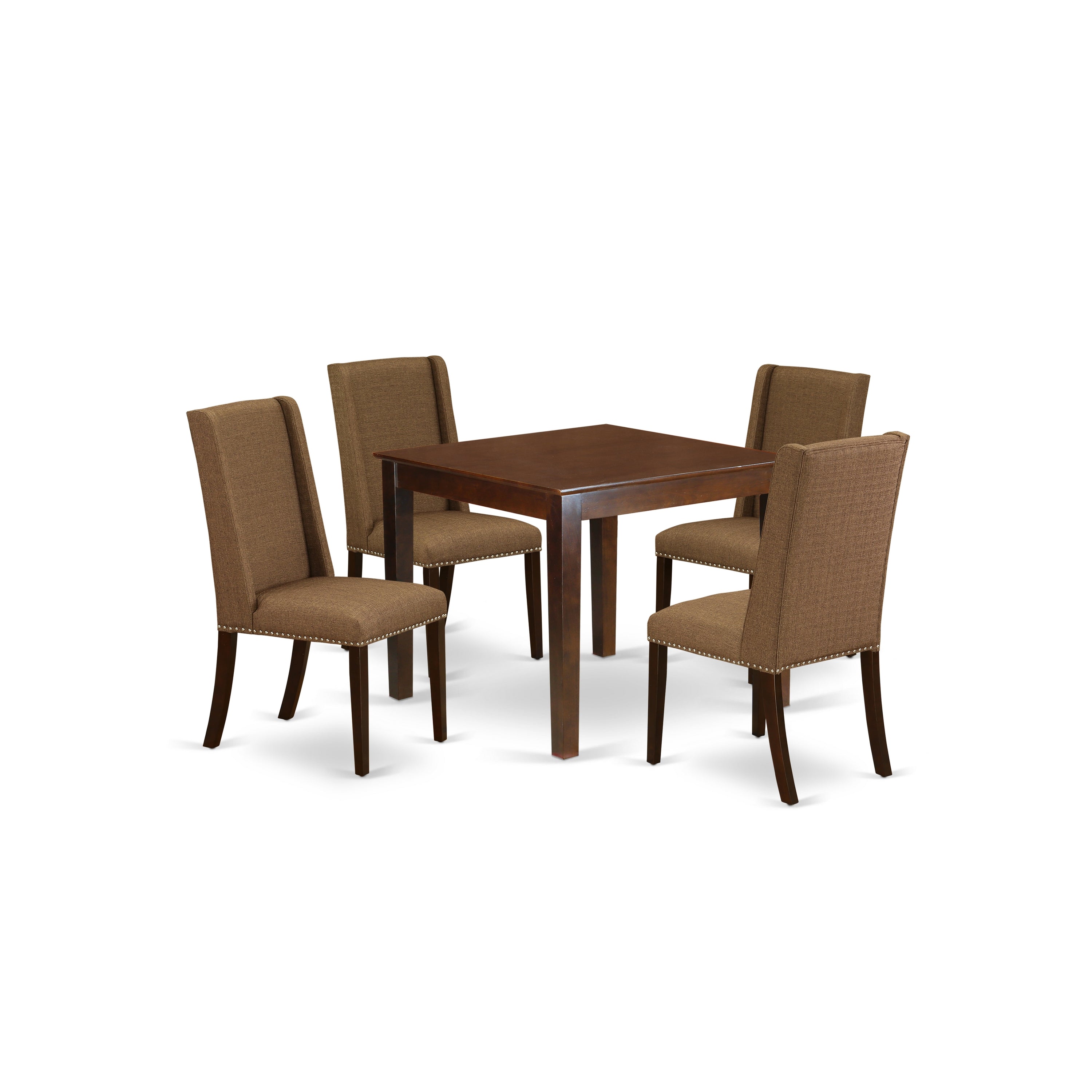 East West Furniture OXFL5-MAH-18 5-Piece modern dining table set- 4 Padded Parson Chair and A wood dining table solid wood frame - High back & Mahogany Finish