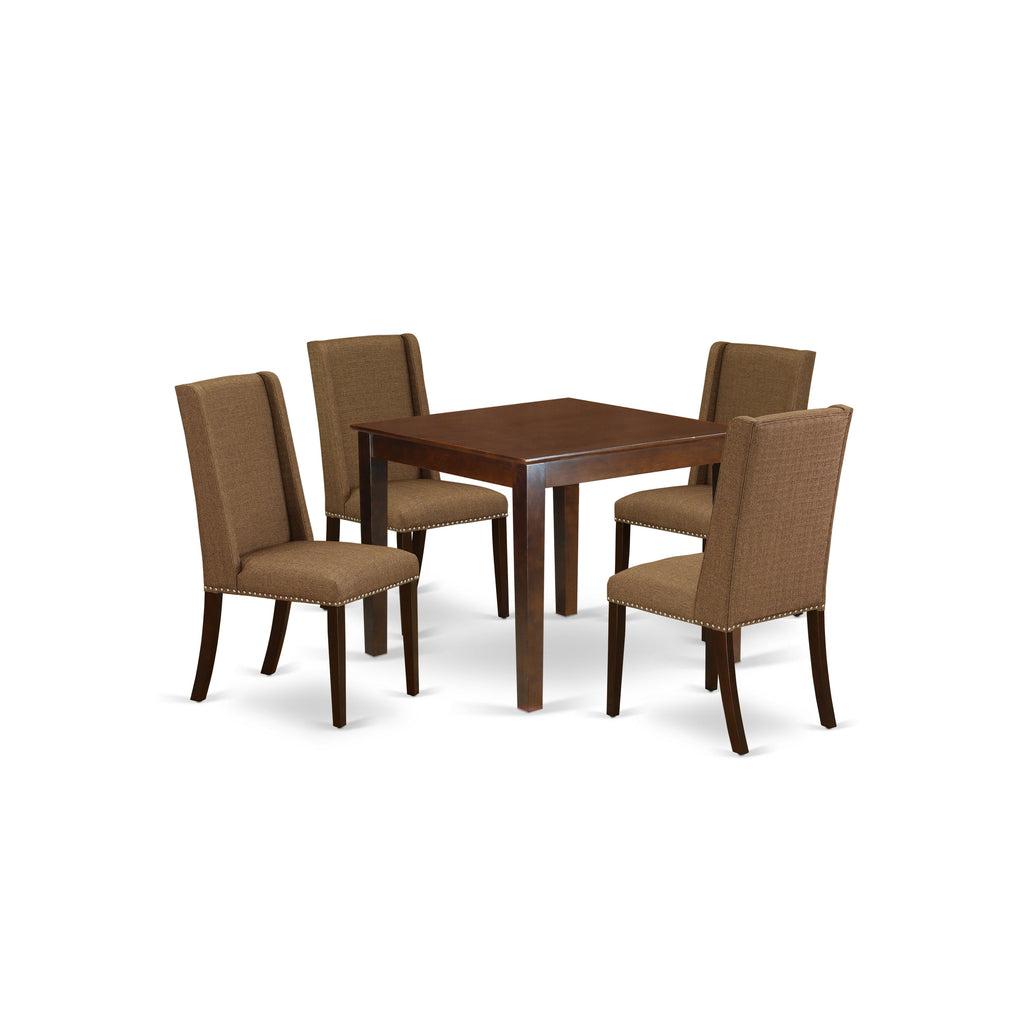 Juego de mesa de comedor de 5 piezas East West Furniture OXFL5-MAH-18 para 4 personas. Incluye una mesa de cocina cuadrada y 4 sillas de comedor Parson de tela de lino marrón.