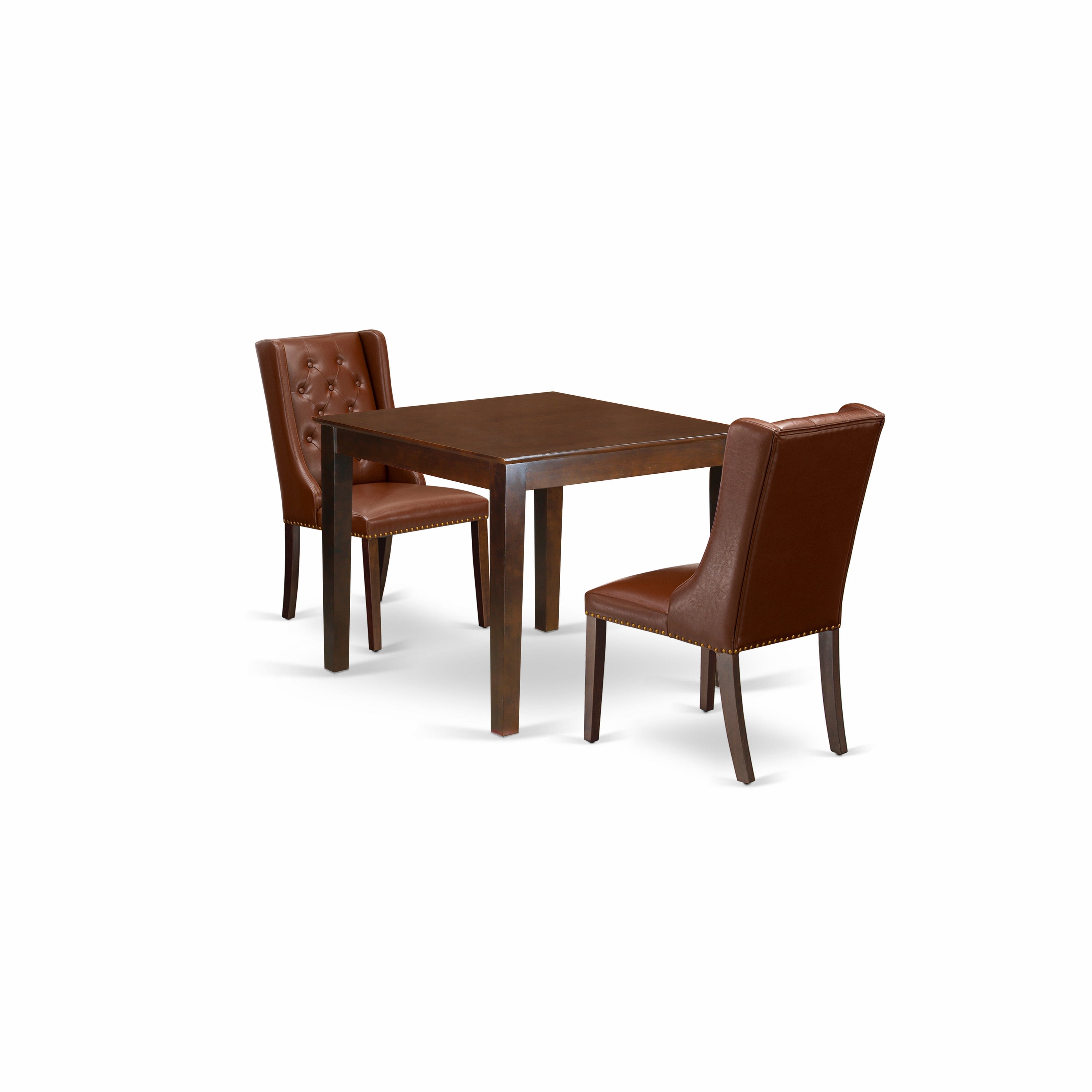 East West Furniture OXFO3-MAH-46 3-Piece Dining Room Table Set Includes 1 Wood Dining Table and 2 Brown faux Leather Upholstered Dining Chairs with Button Tufted Back - Mahogany Finish