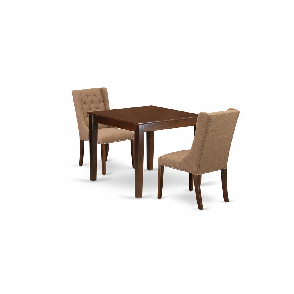 East West Furniture OXFO3-MAH-47 3 Piece Kitchen Table Set for Small Spaces Contains a Square Dining Room Table and 2 Light Sable Linen Fabric Parson Dining Chairs