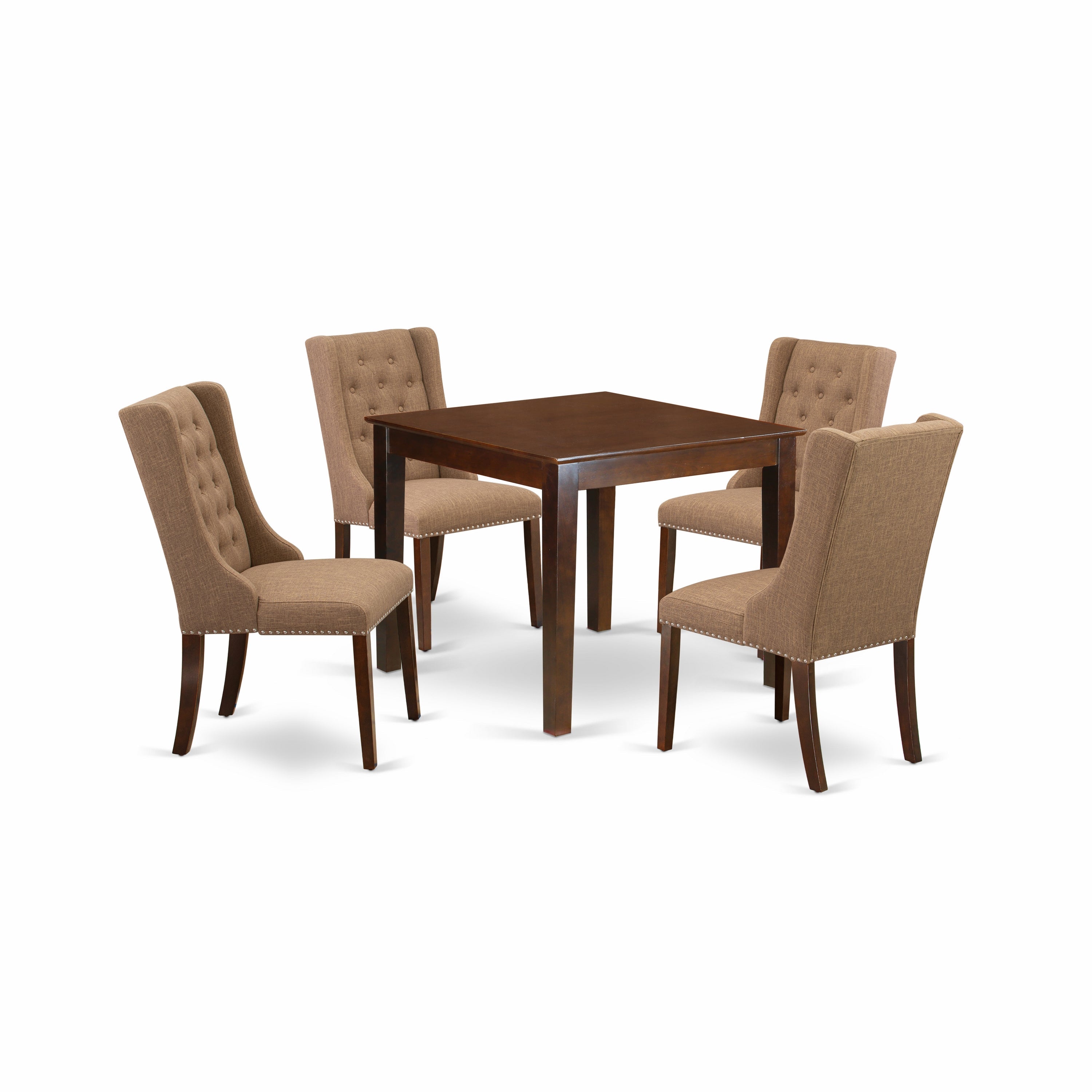 Juego de mesa de comedor de 5 piezas East West Furniture OXFO5-MAH-47 para 4 personas. Incluye una mesa de cocina cuadrada y 4 sillas de comedor Parsons de tela de lino color marta clara.